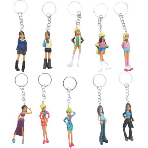 Set of keychains with cartoon-style character figures on a white background