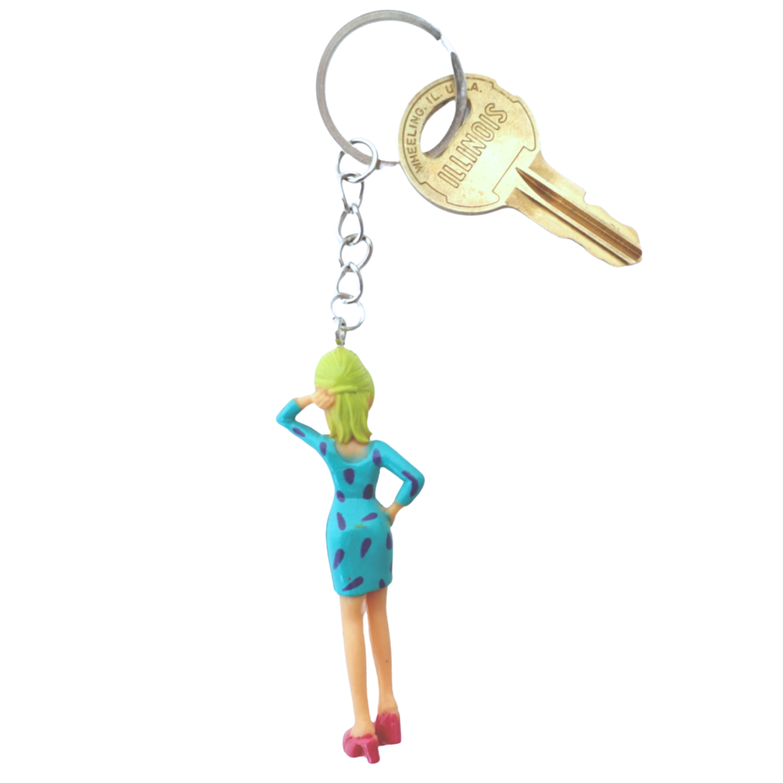 2000s Dolls Charm Blue Mod Girl keychain back view with green hair