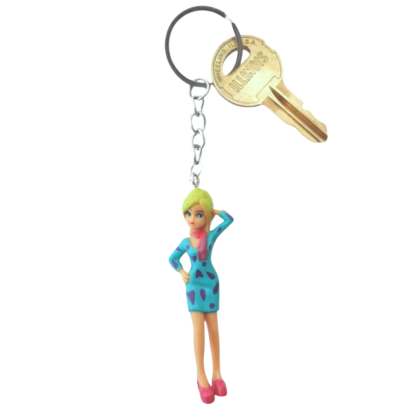 2000s Dolls Charm Blue Mod Girl keychain front view in blue dress and pink shoes