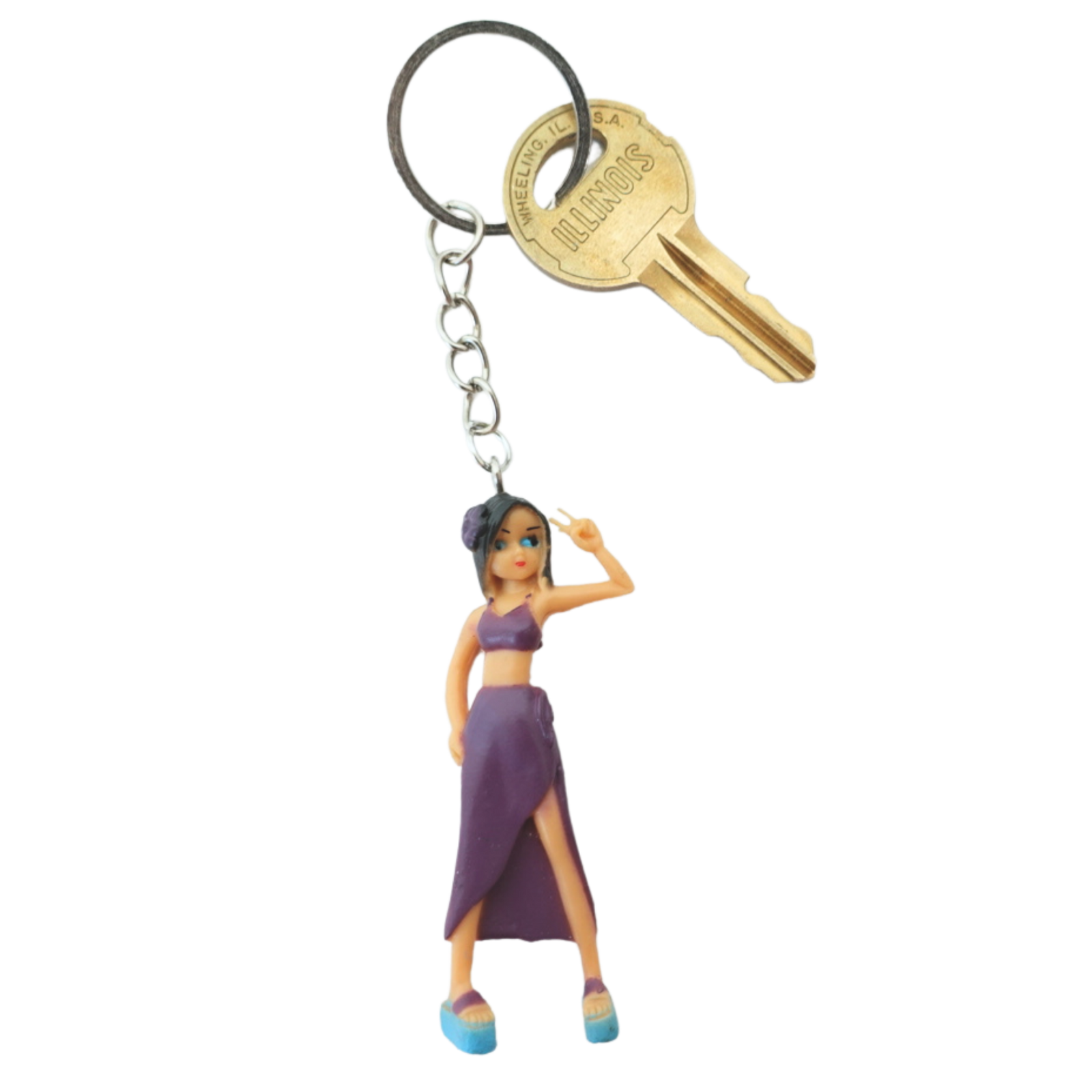 2000s Dolls Charm Boho Girl keychain front view in purple dress