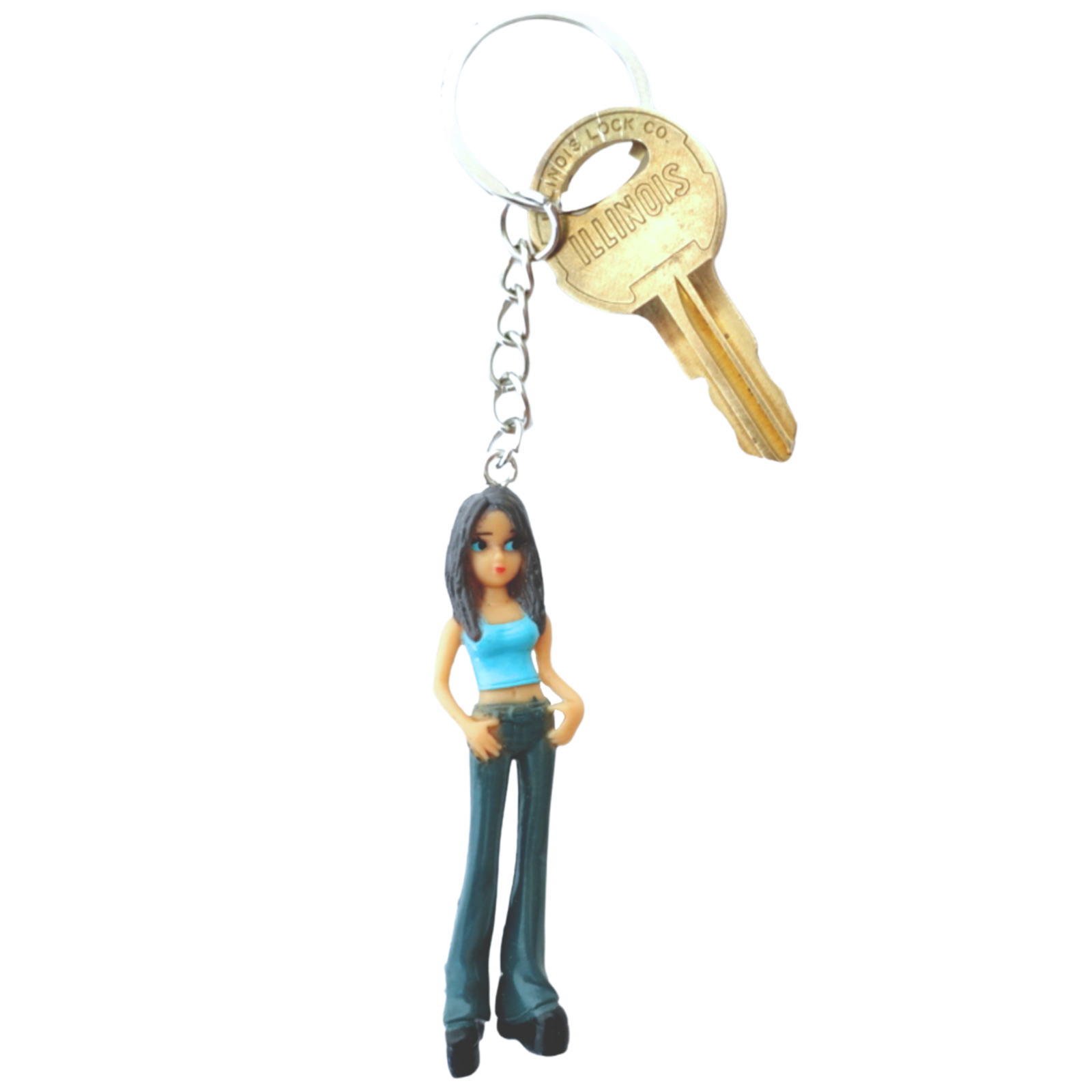 2000s Dolls Charm Downtown Girl keychain front view in blue top and jeans