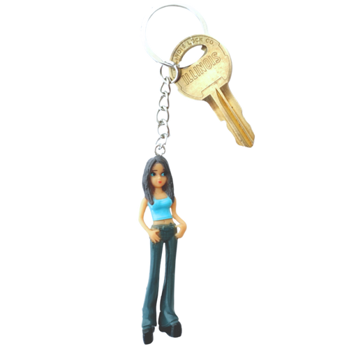 2000s Dolls Charm Downtown Girl keychain front view in blue top and jeans