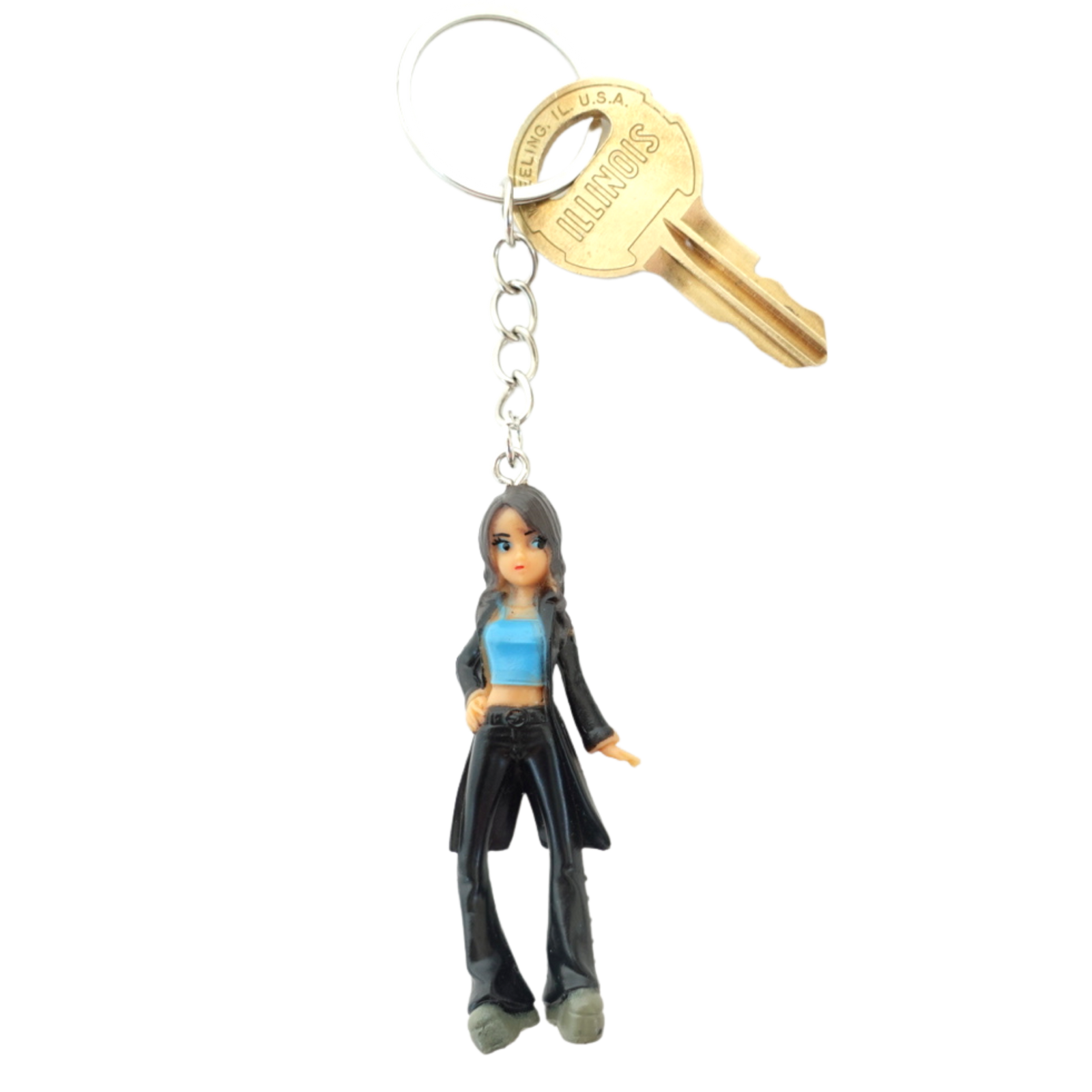 2000s Dolls Charm Matrix Girl keychain front view in black outfit