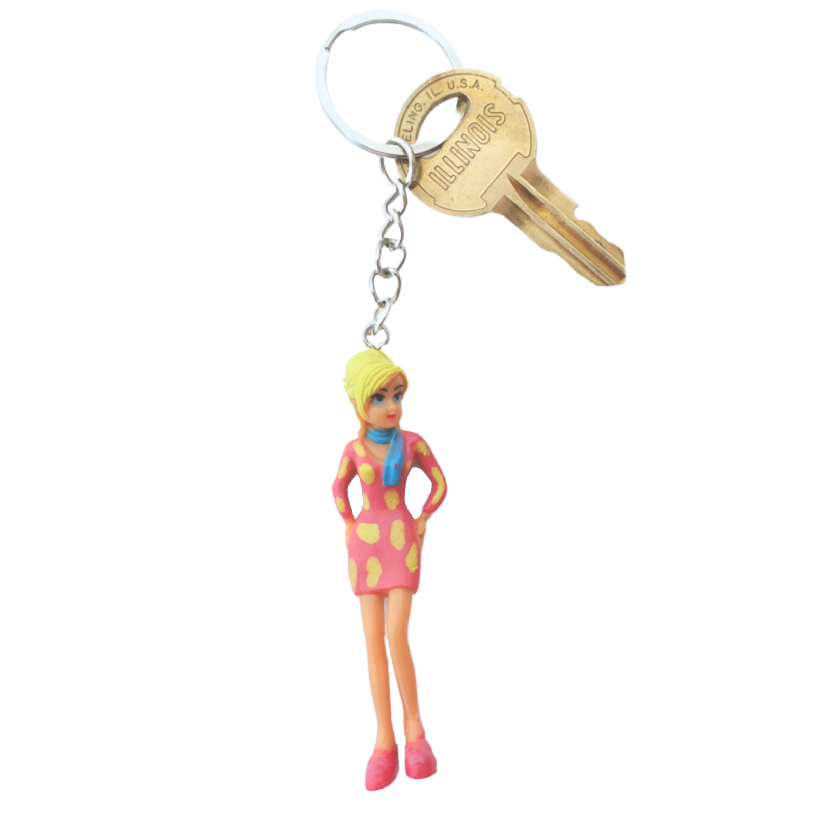 2000s Dolls Charm Pink Mod Girl keychain front view in polka dot dress