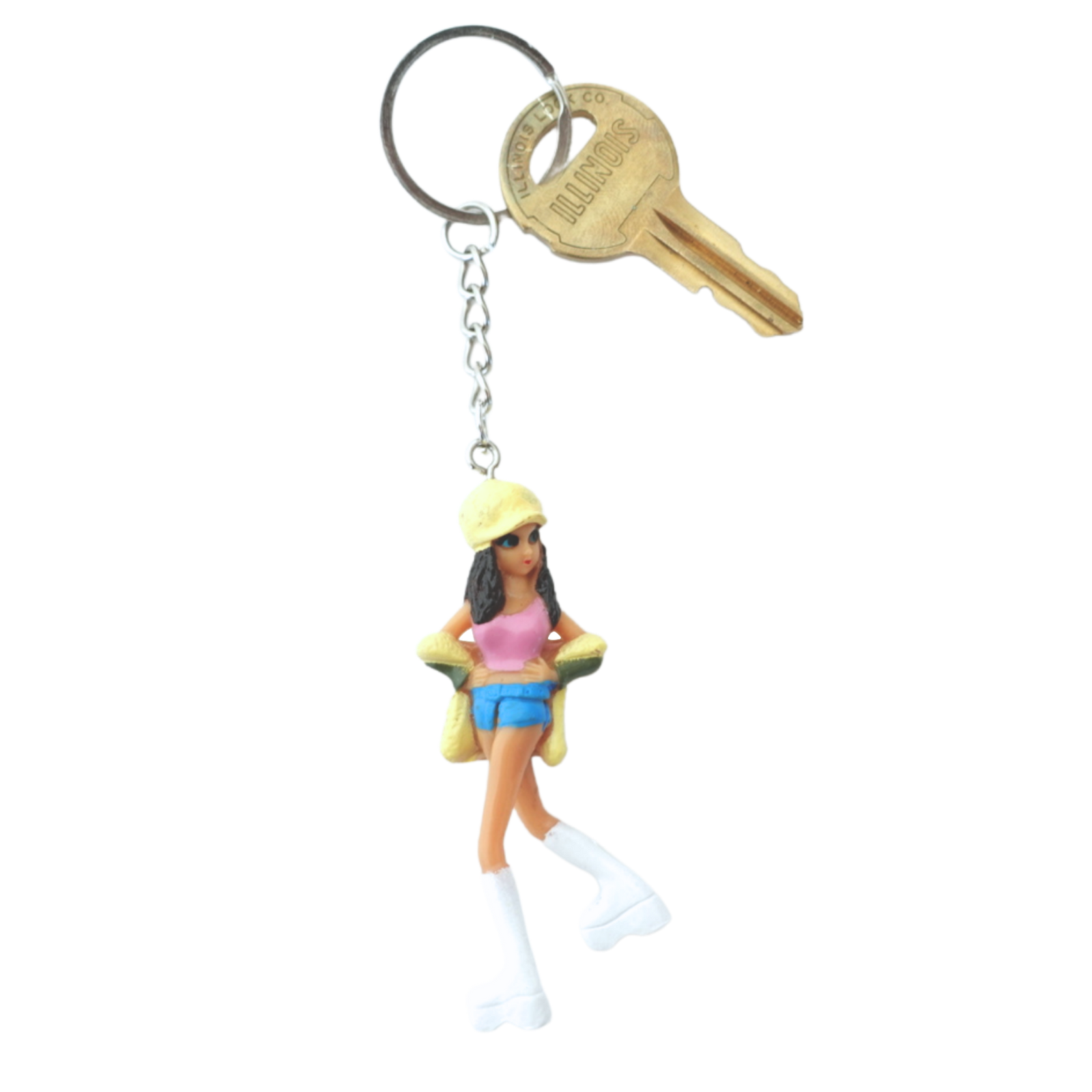 2000s Dolls Charm Pop Girl keychain front view in yellow hat and blue shorts