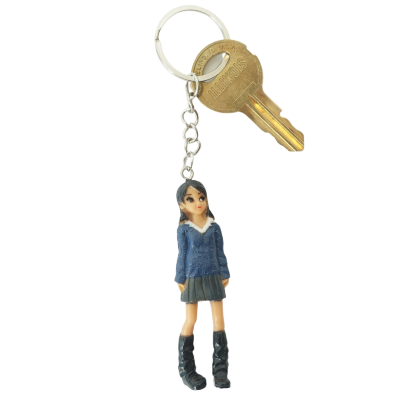 2000s Dolls Charm Prep Girl keychain front view in blue sweater and skirt