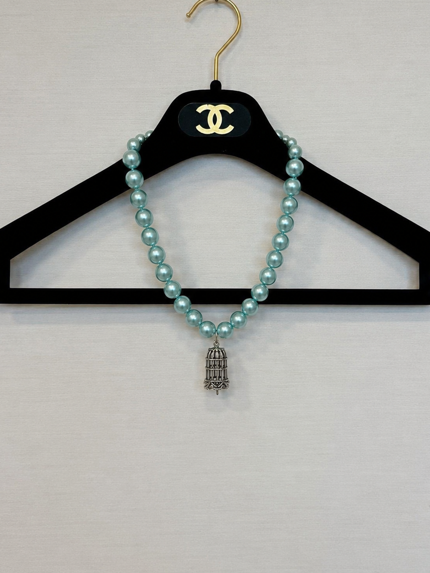 Aqua Pearl Birdcage Necklace