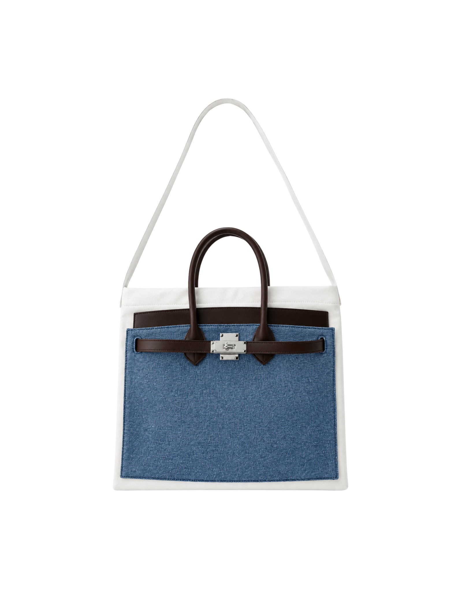 Boatkin 30 Leather Denim Canvas Tote Bag in Dusty Blue, front view