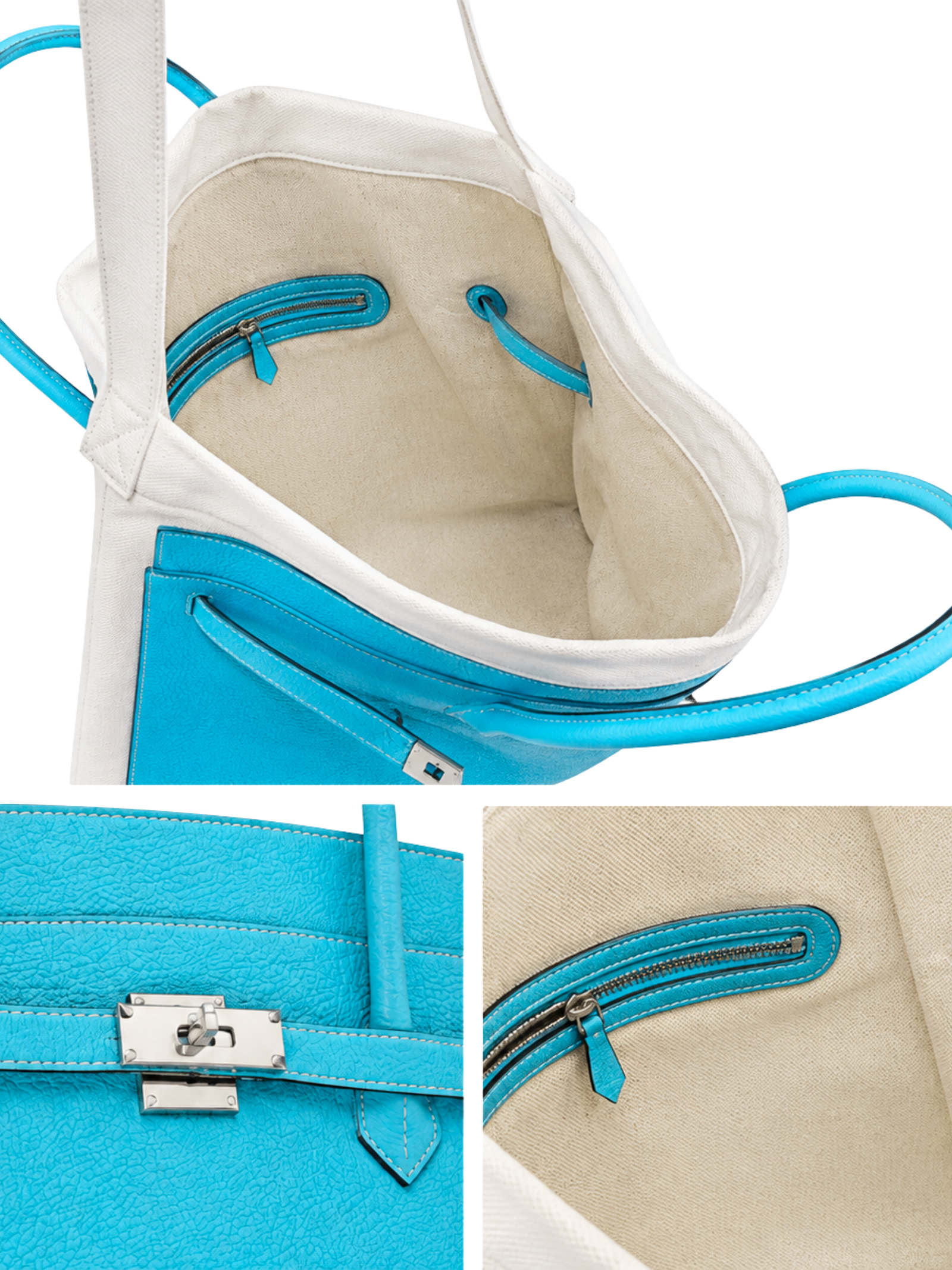 Boatkin 46 Leather Canvas Tote Bag in Sky, interior view