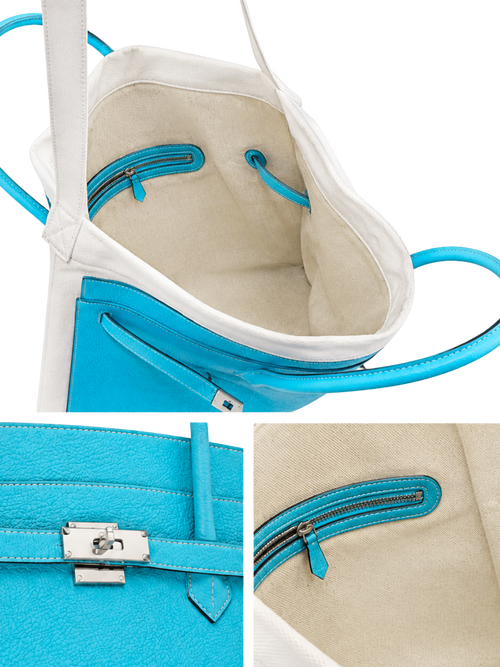 Boatkin 46 Leather Canvas Tote Bag in Sky, interior view