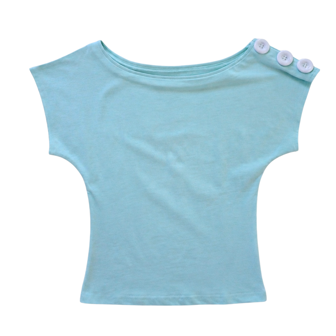 Light blue sleeveless top with button details on a white background