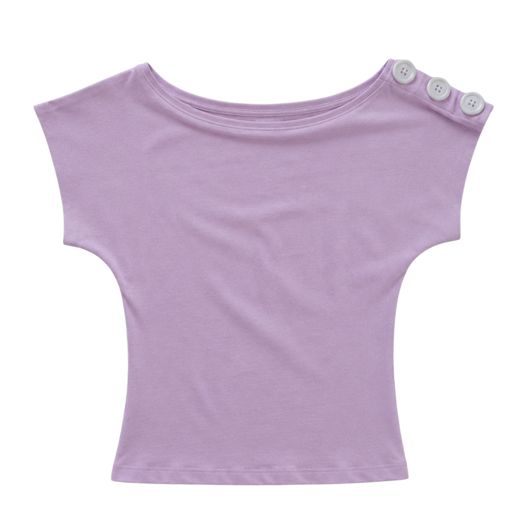 Purple sleeveless top with button details on a white background