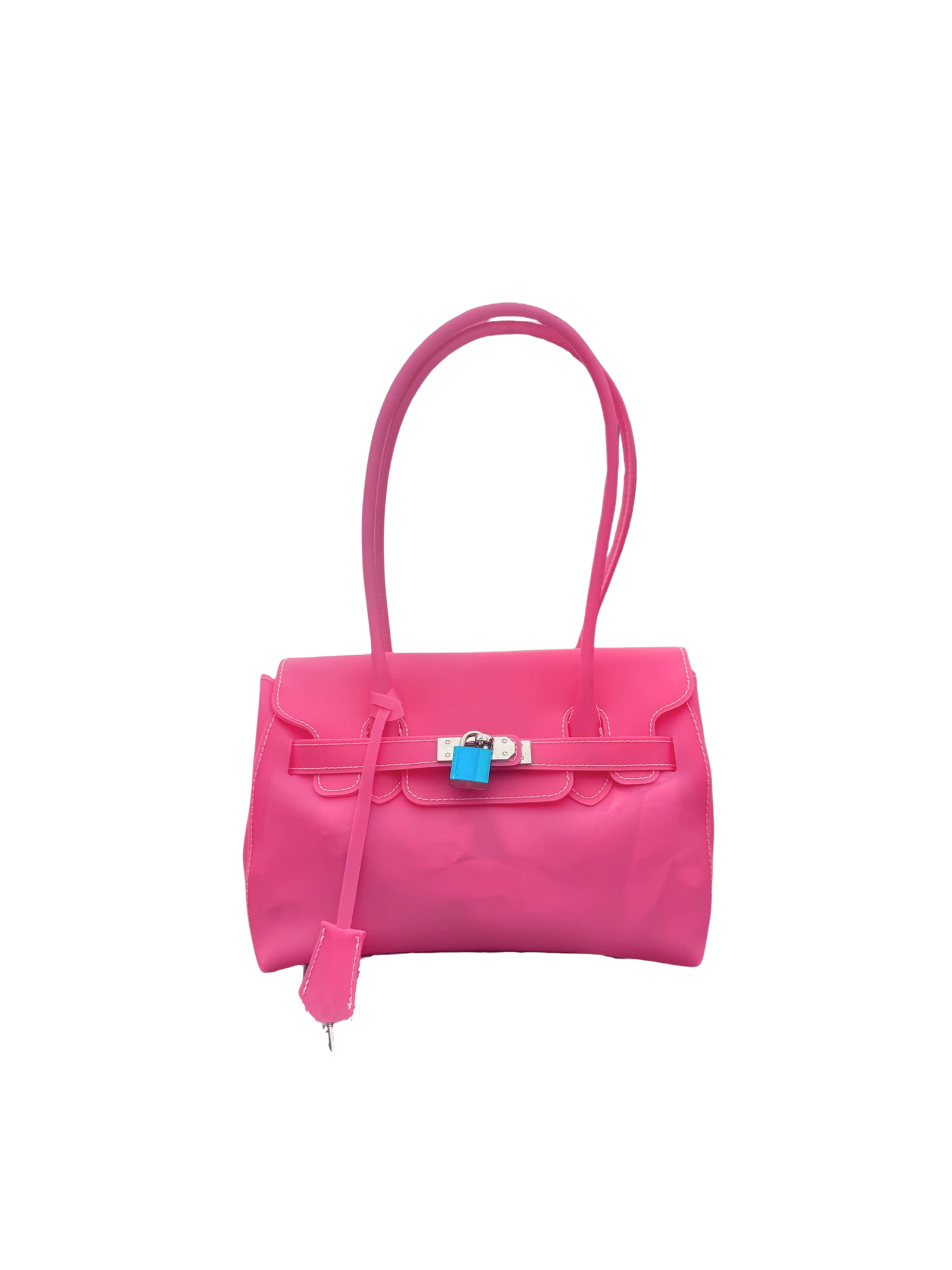 Jelly Firkin 25 Shoulder Bag Barbie Pink front view with blue lock on white background