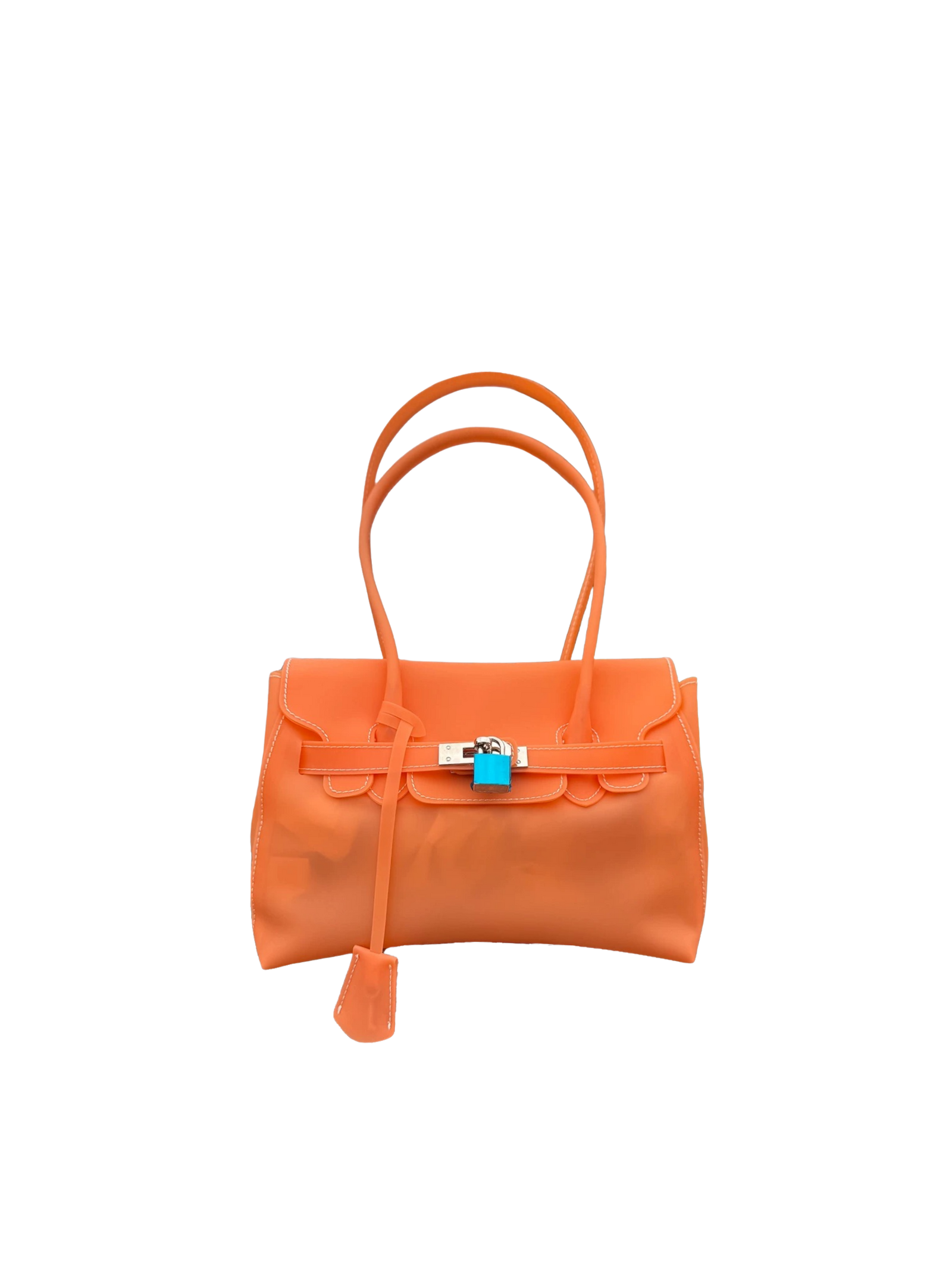Jelly Firkin 25 Shoulder Bag Tangerine front view with blue lock on white background