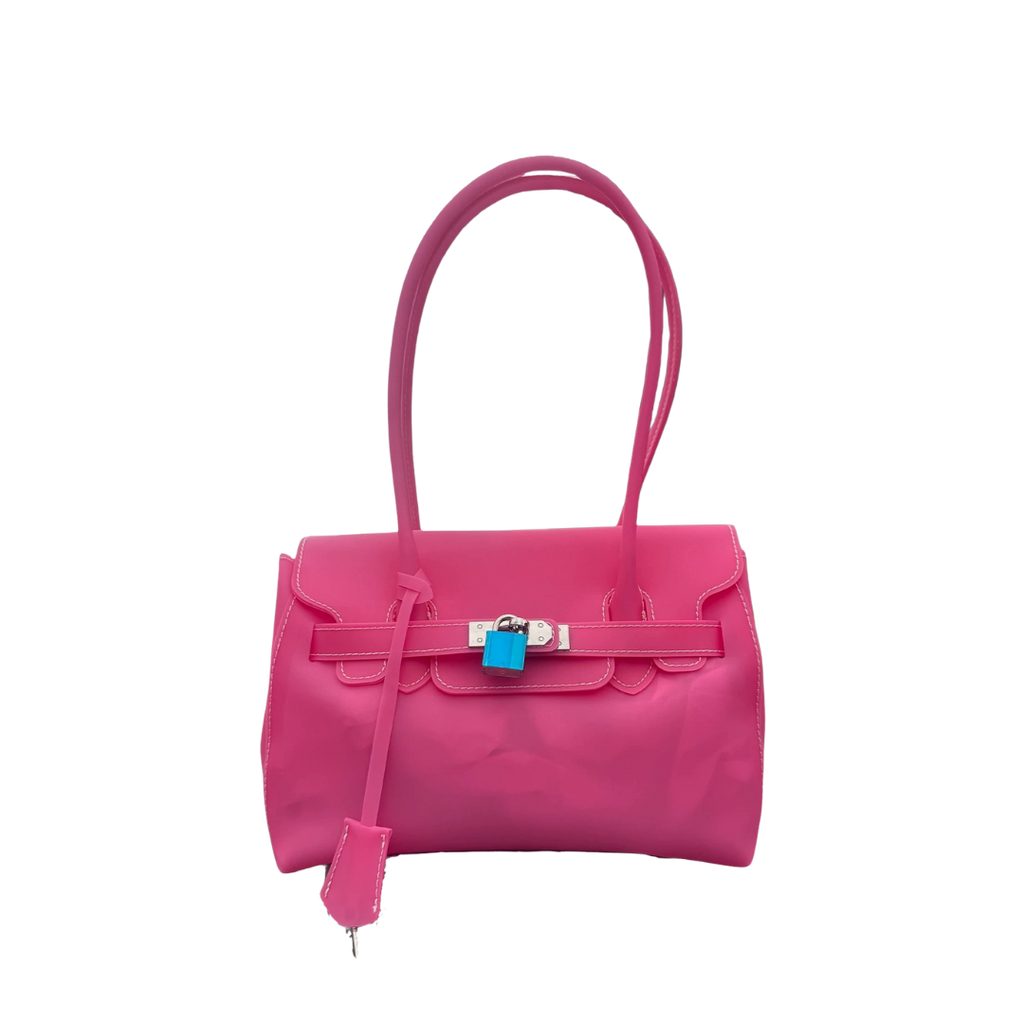 Jelly Firkin 25 Shoulder Bag Barbie Pink front view with blue lock on white background
