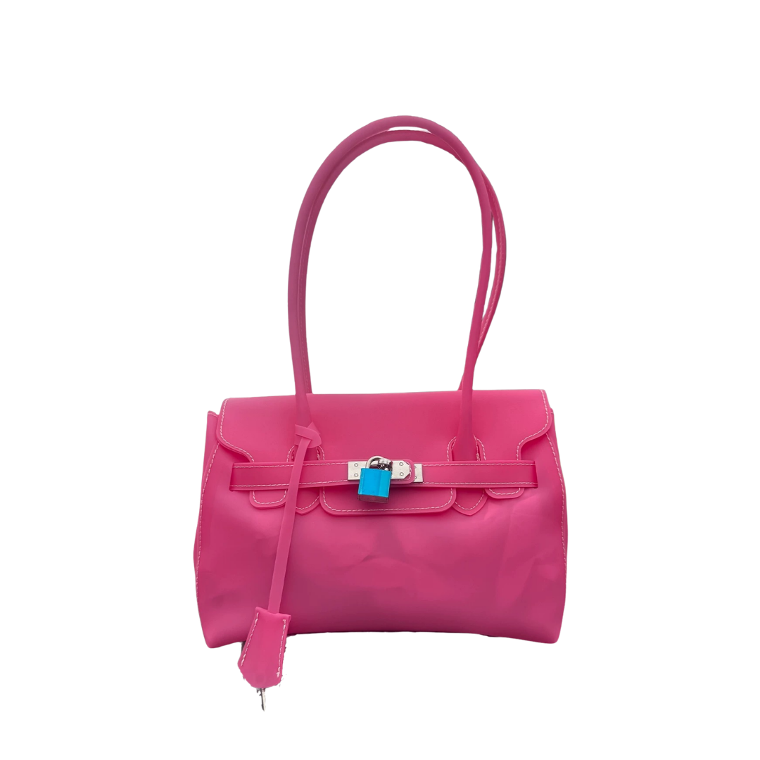 Jelly Firkin 25 Shoulder Bag Barbie Pink front view with blue lock on white background