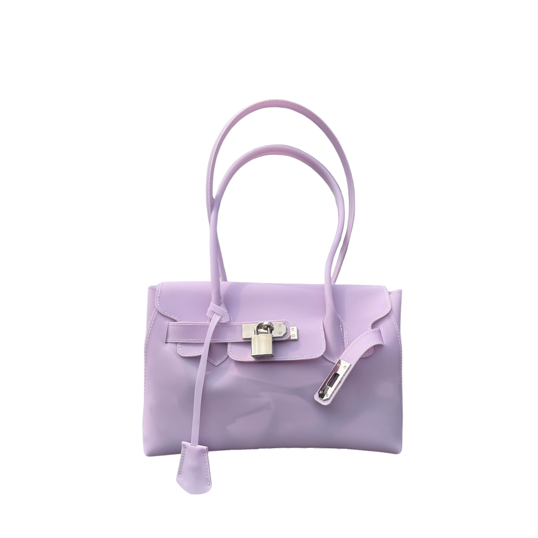Jelly Firkin 25 Shoulder Bag Lavender front view with gold clasp on white background