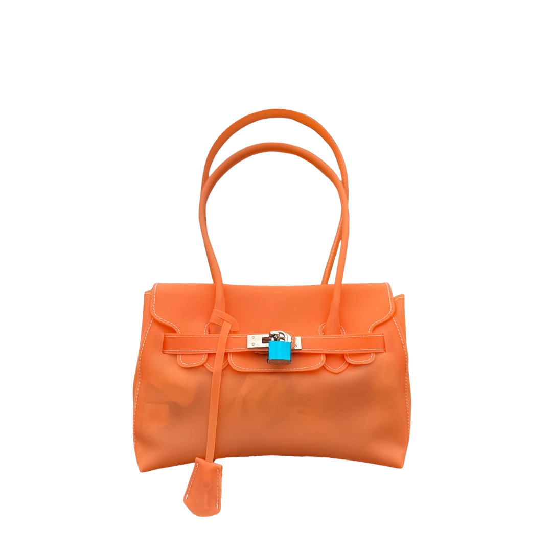 Jelly Firkin 25 Shoulder Bag Tangerine front view with blue lock on white background