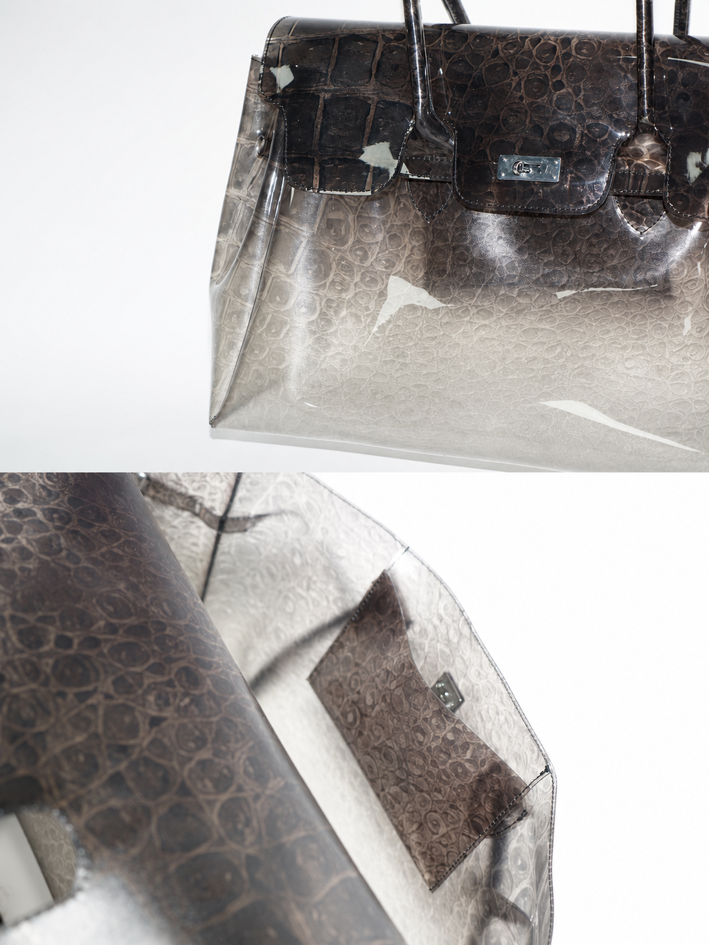 Jelly Firkin 40 Bag Croc Brown crocodile texture with clear panel on white background