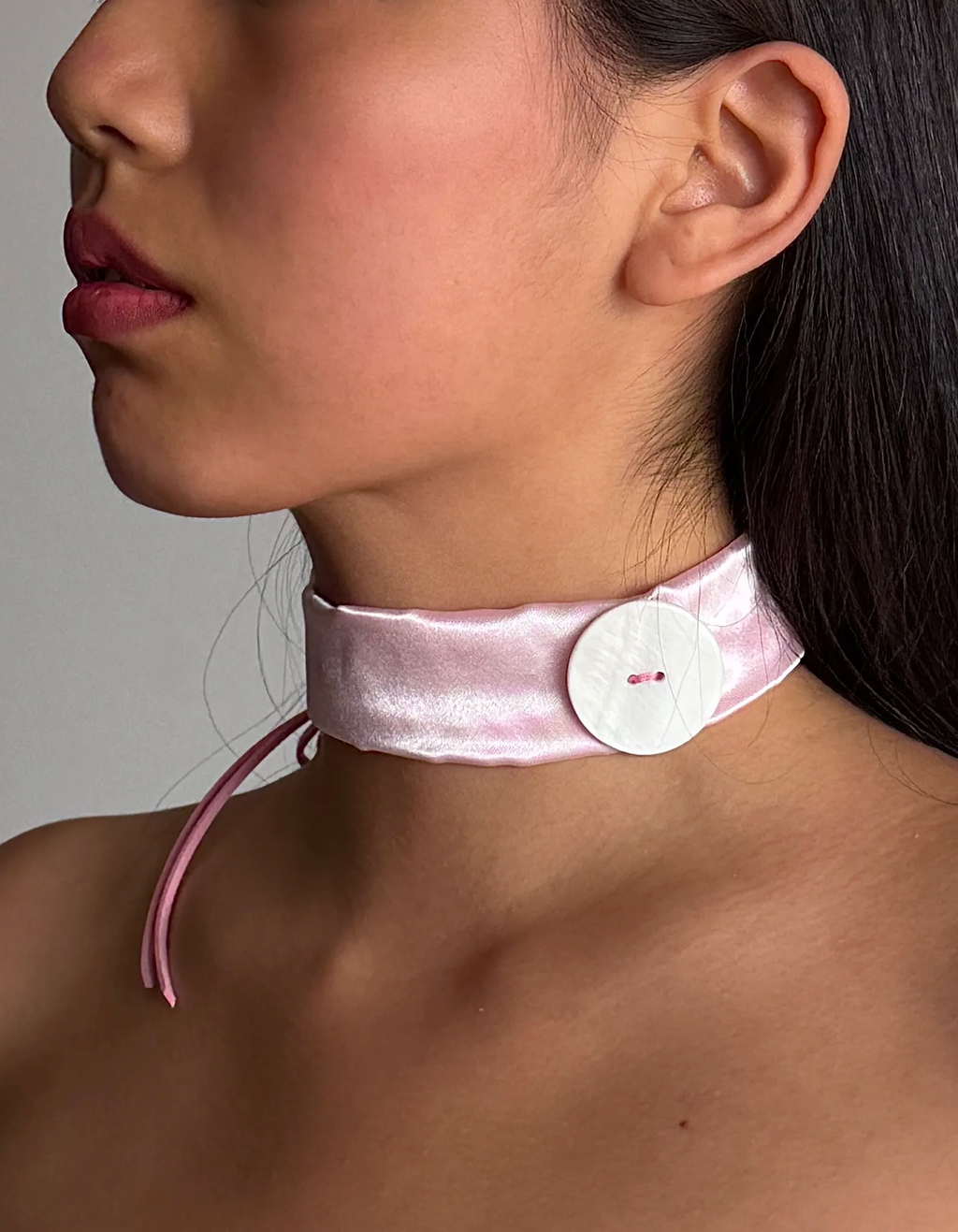 Lovepill Satin Button Choker Strawberry Milk second wear-on view