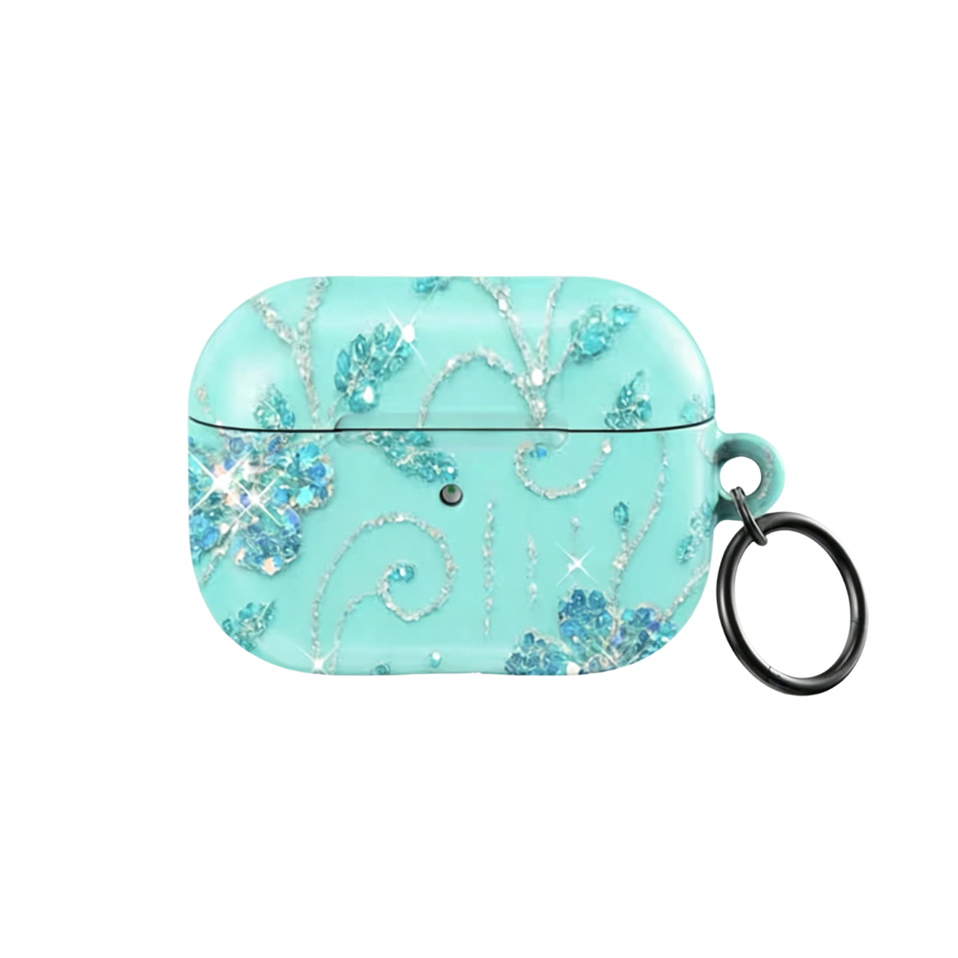Mint Blue Dream AirPod Case floral teal design with keychain ring on white background