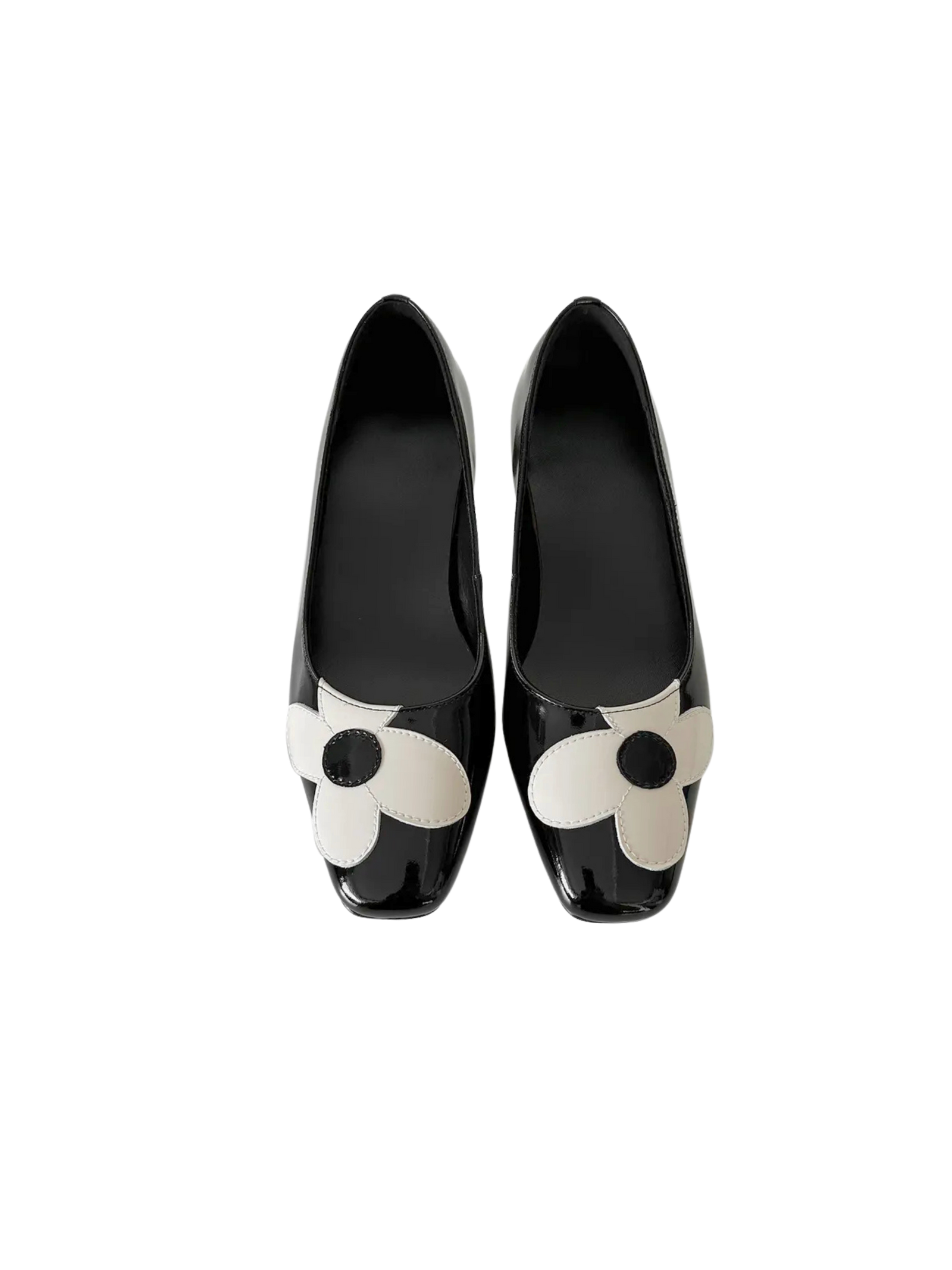 Patent Leather Flower Low-Heel Pumps
