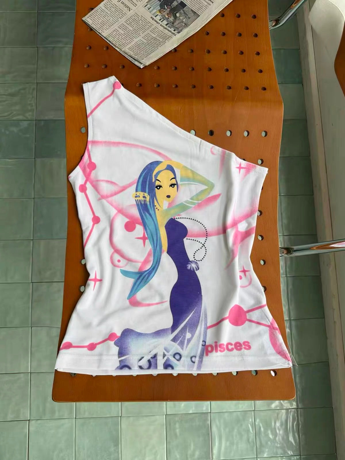 Airbrush Graphic One-Shoulder Top