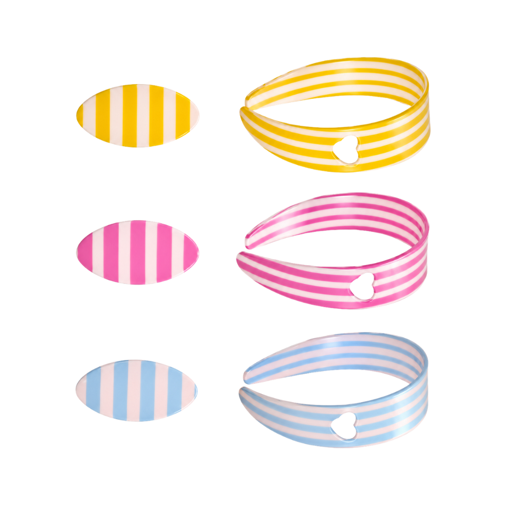 Sweetheart Stripe Headband Baby Blue Blossom and Lemon three colorways flat lay