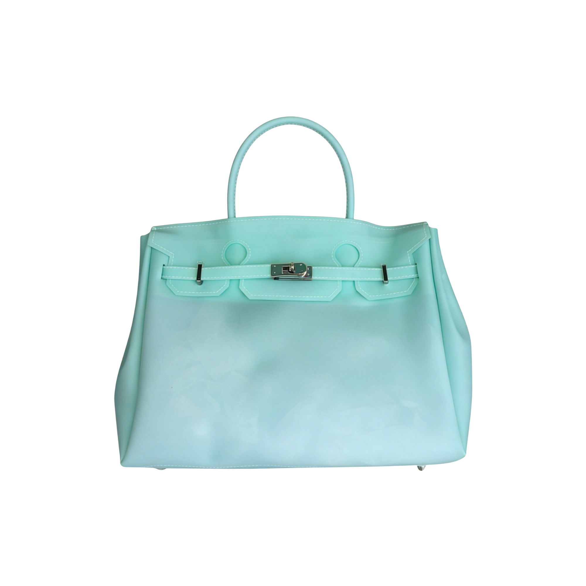 Light blue handbag with a silver clasp on a white background