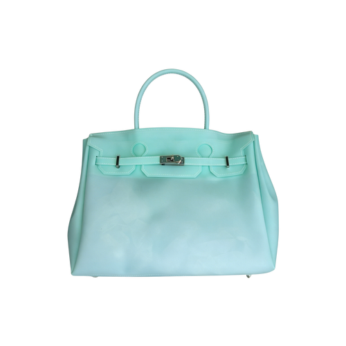 Light blue handbag with a silver clasp on a white background