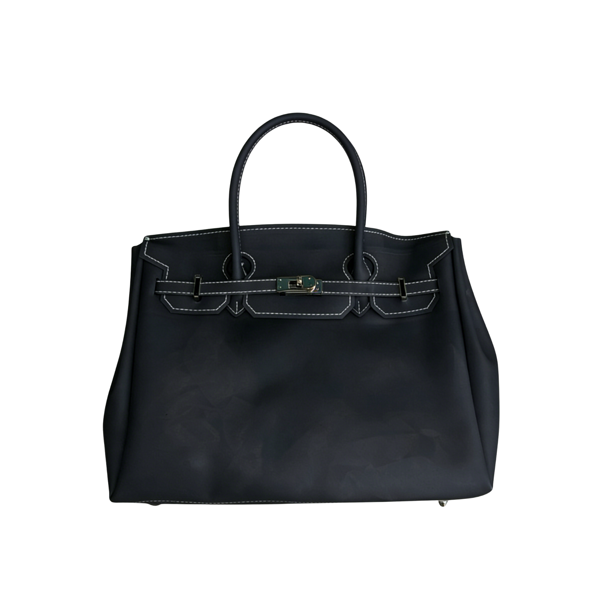 Black handbag with a silver clasp on a white background