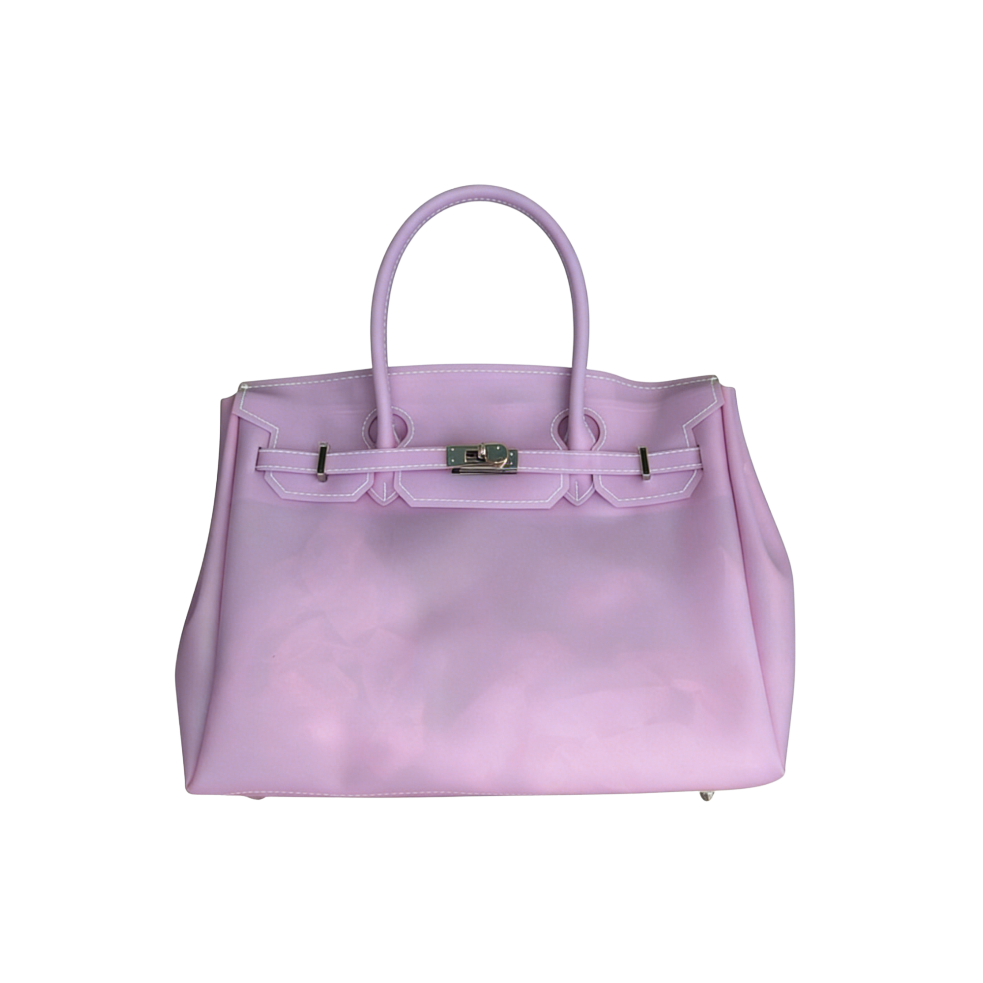 Purple handbag with a silver clasp on a white background