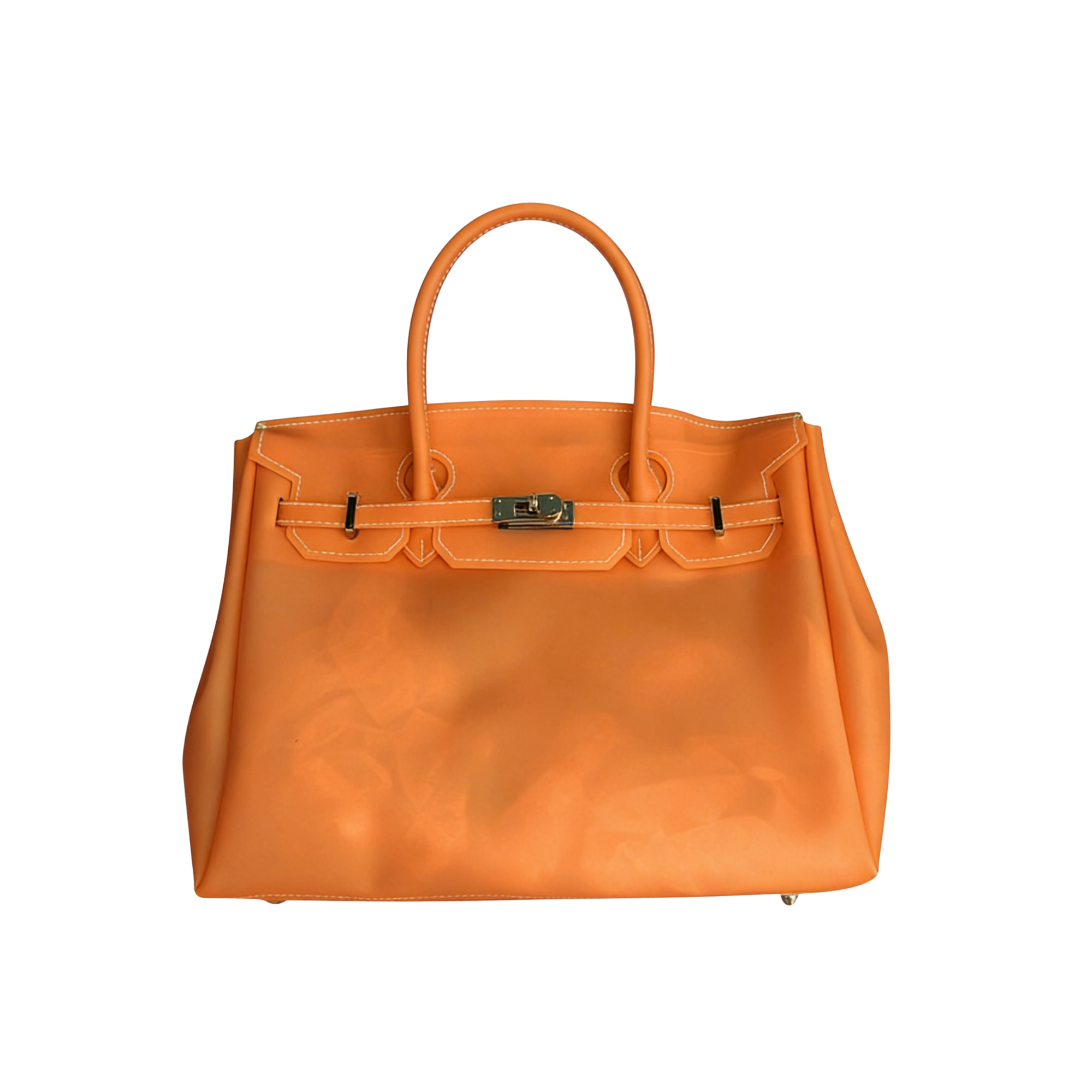 Orange handbag with a silver clasp on a white background