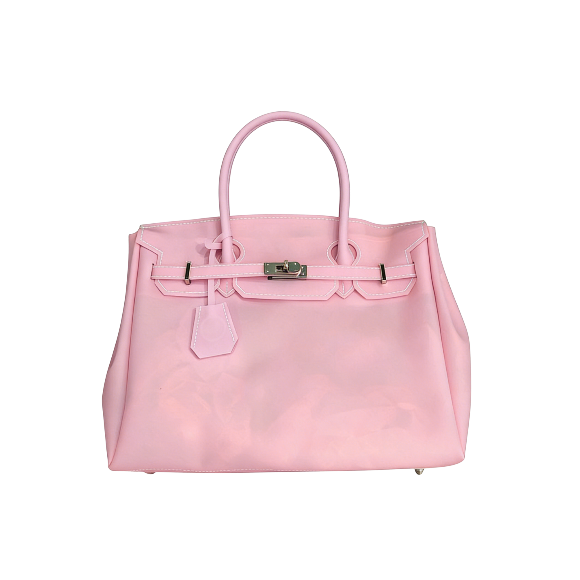 Pink handbag with a silver clasp on a white background