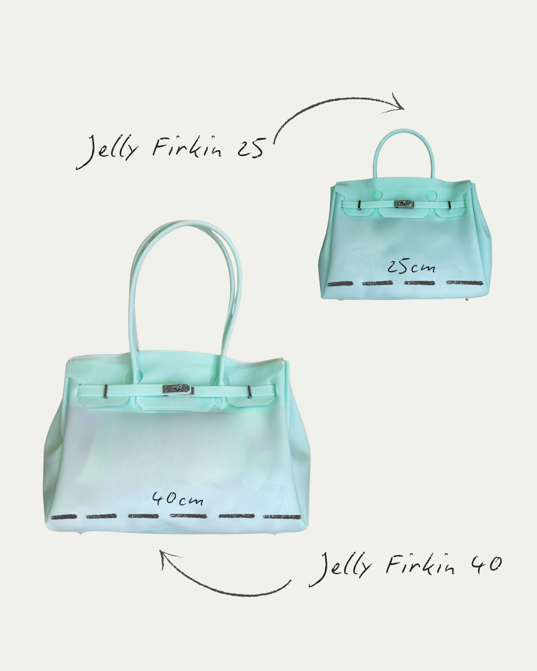 Jelly Firkin 25 vs Jelly Firkin 40 Bag Classic size comparison in Aqua