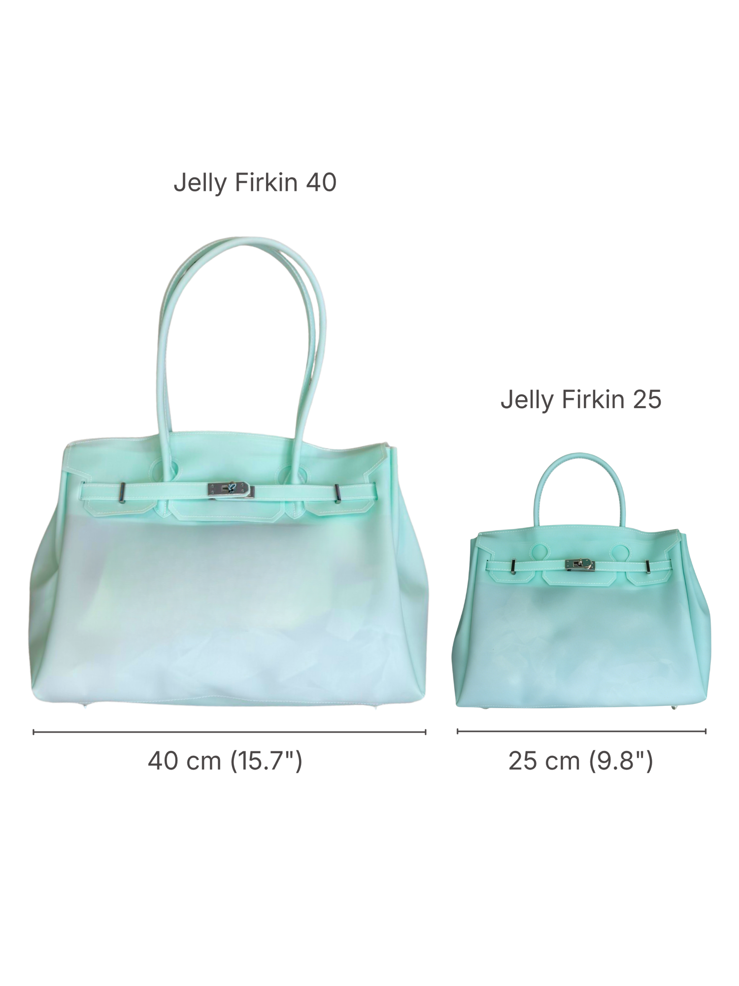 Two turquoise handbags, one large and one small, on a white background