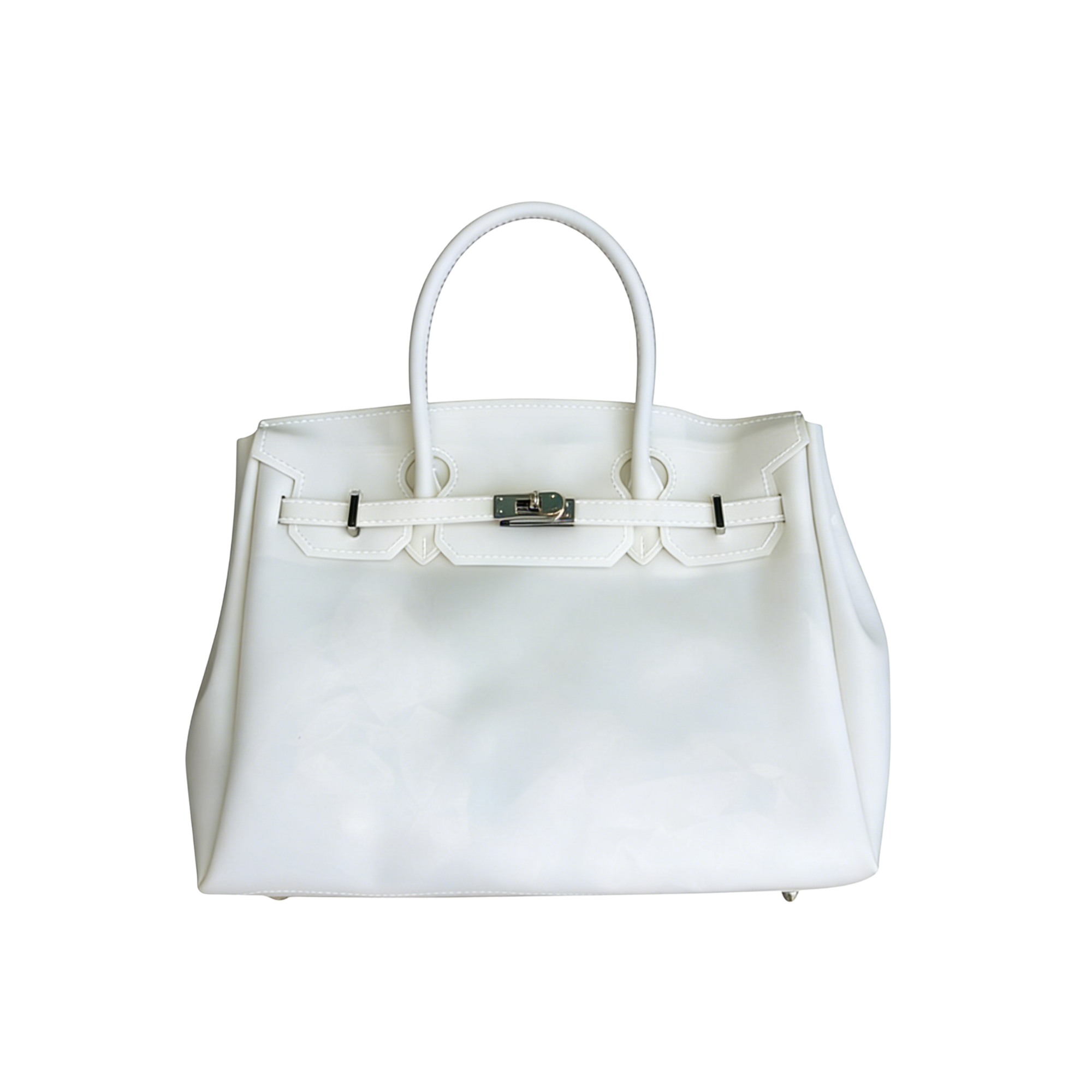 White handbag with a silver clasp on a white background