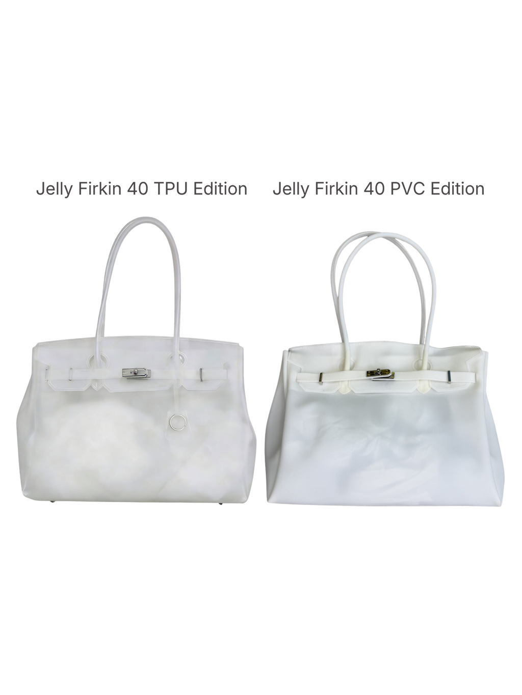 Two white handbags with visible branding on a transparent background
