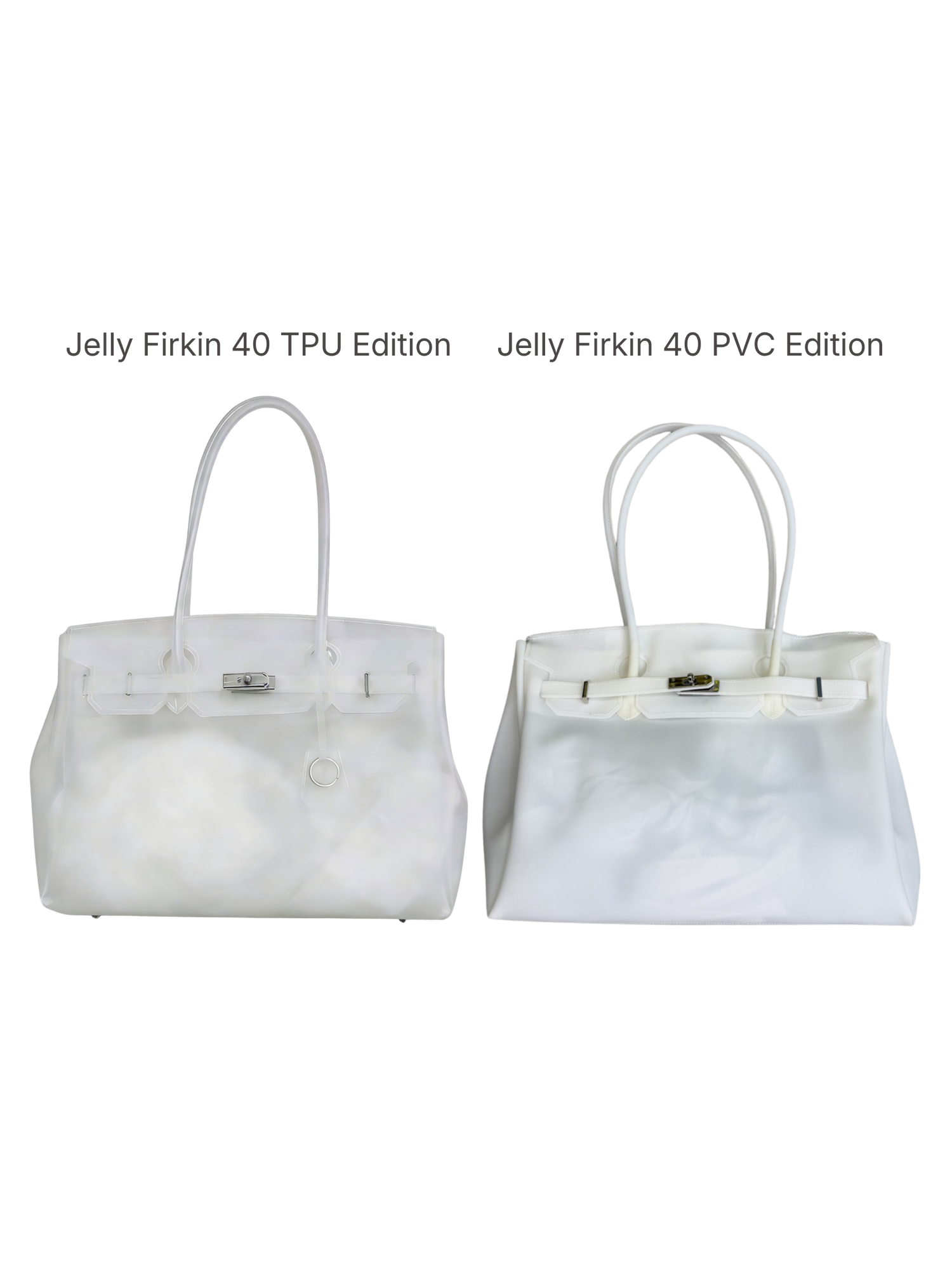 Two white handbags with visible branding on a transparent background