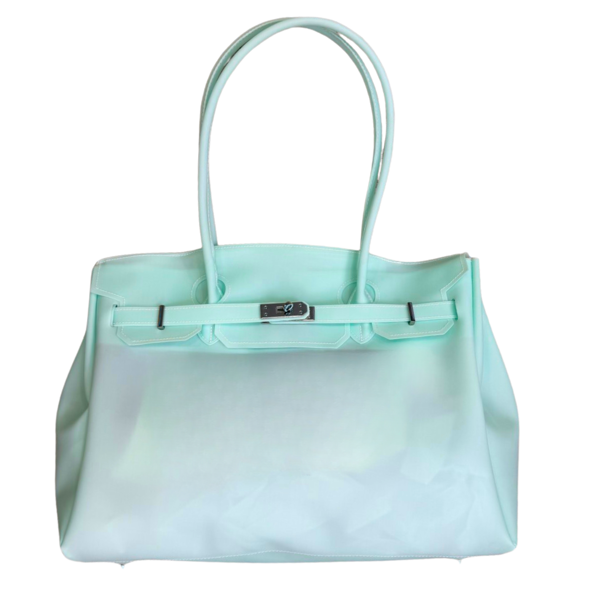 Mint green handbag with a silver clasp on a white background