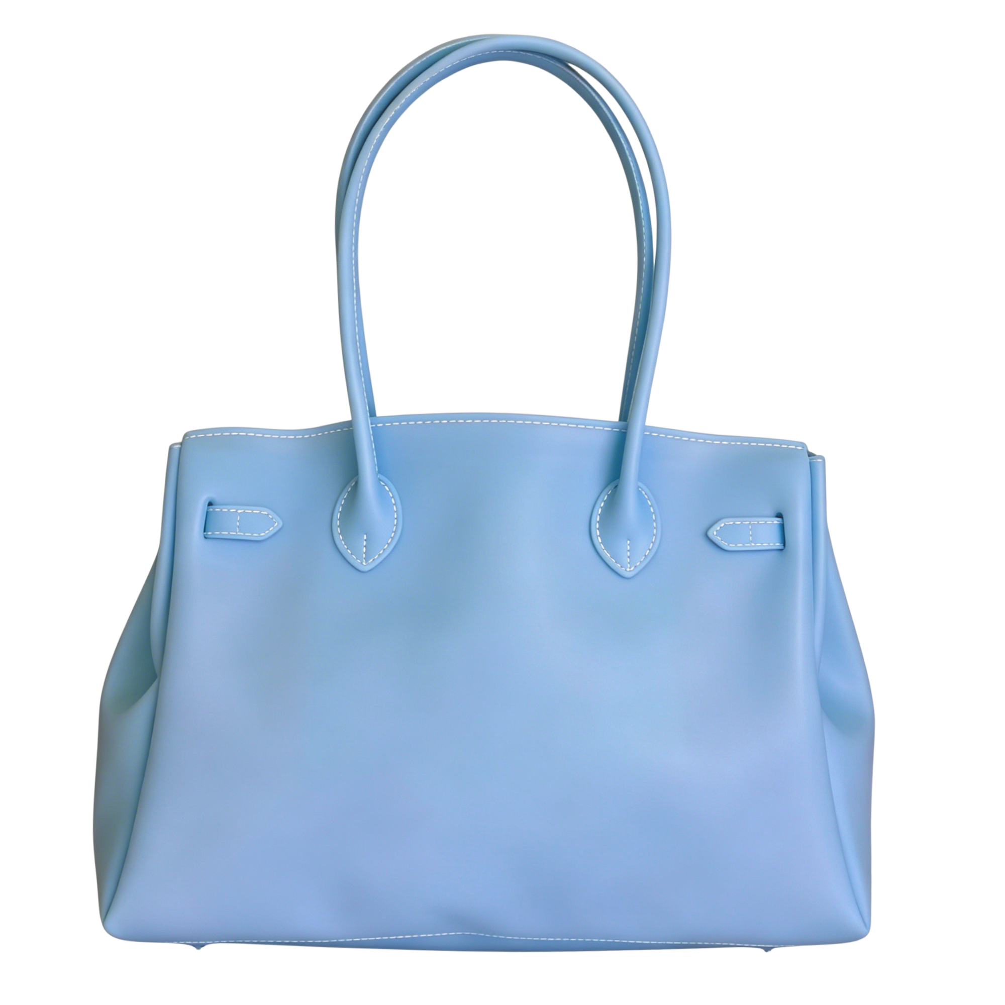 Light blue handbag with handles on a white background