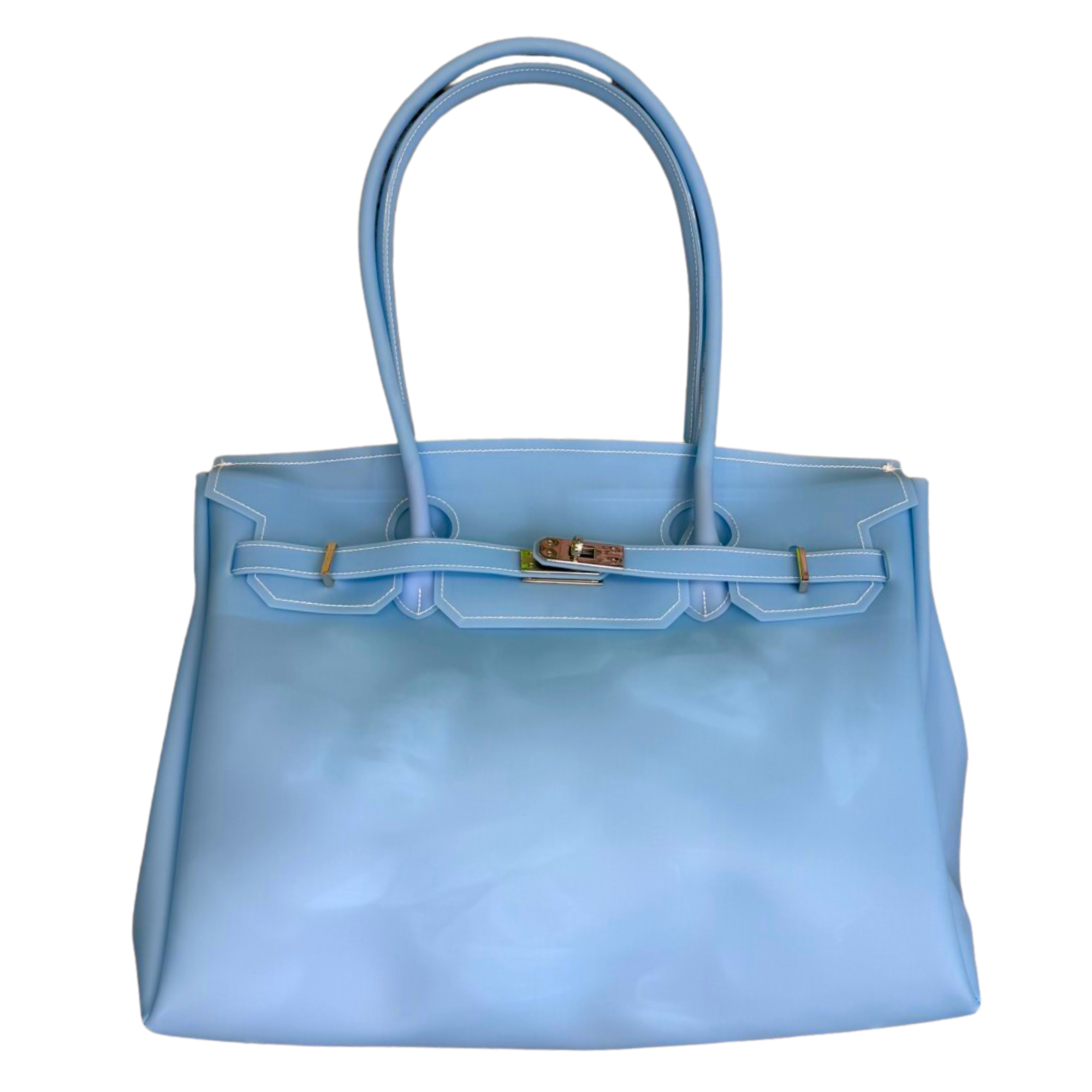 Light blue handbag with silver clasp on a white background
