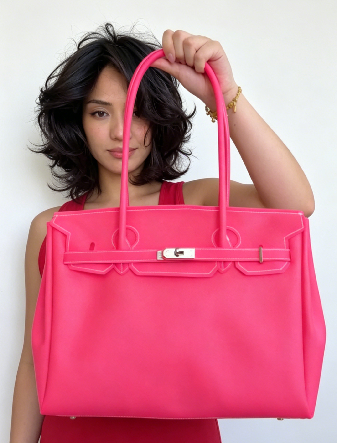 Jelly Firkin 40 Bag Classic Barbie Pink held by woman against white background