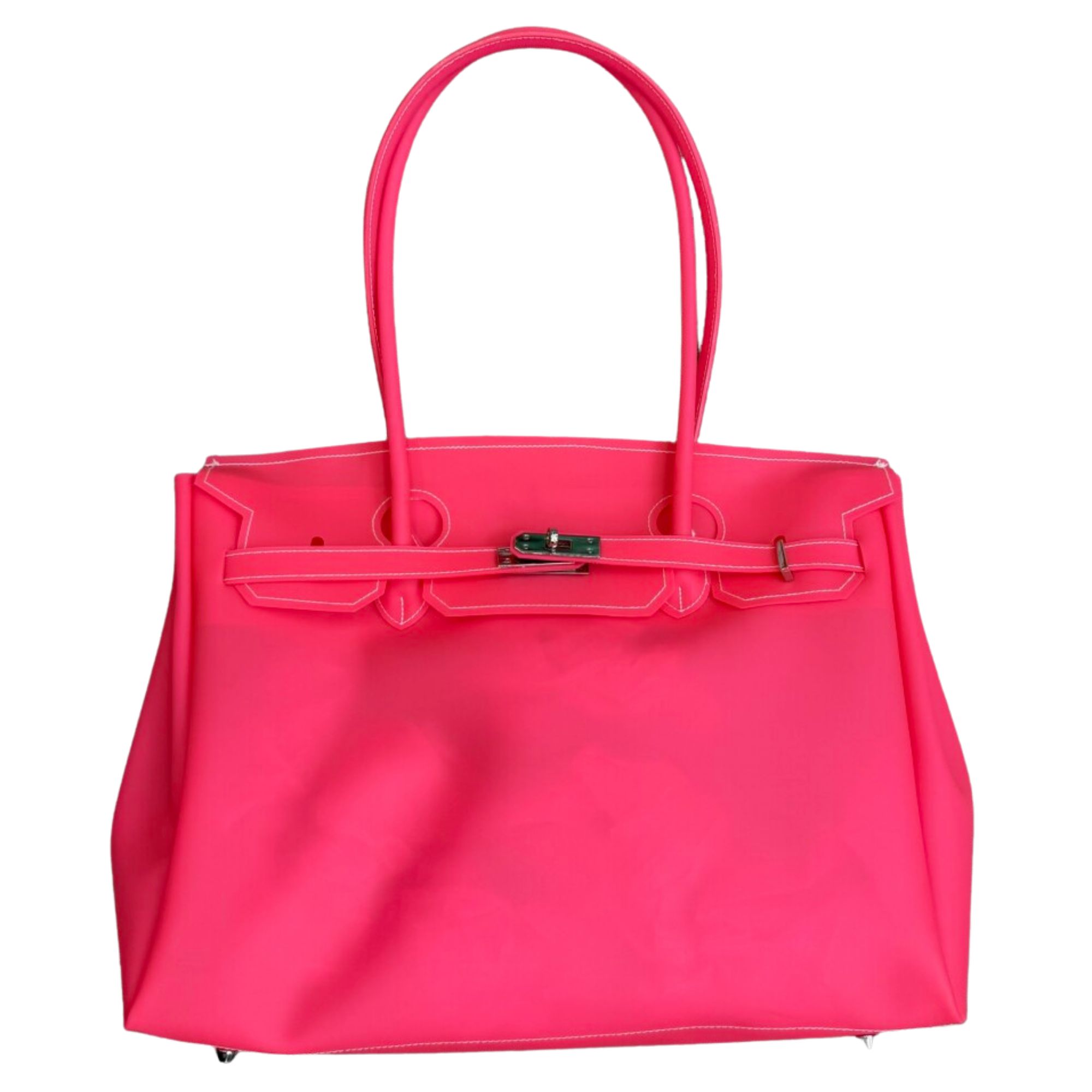 Pink handbag with a silver clasp on a white background