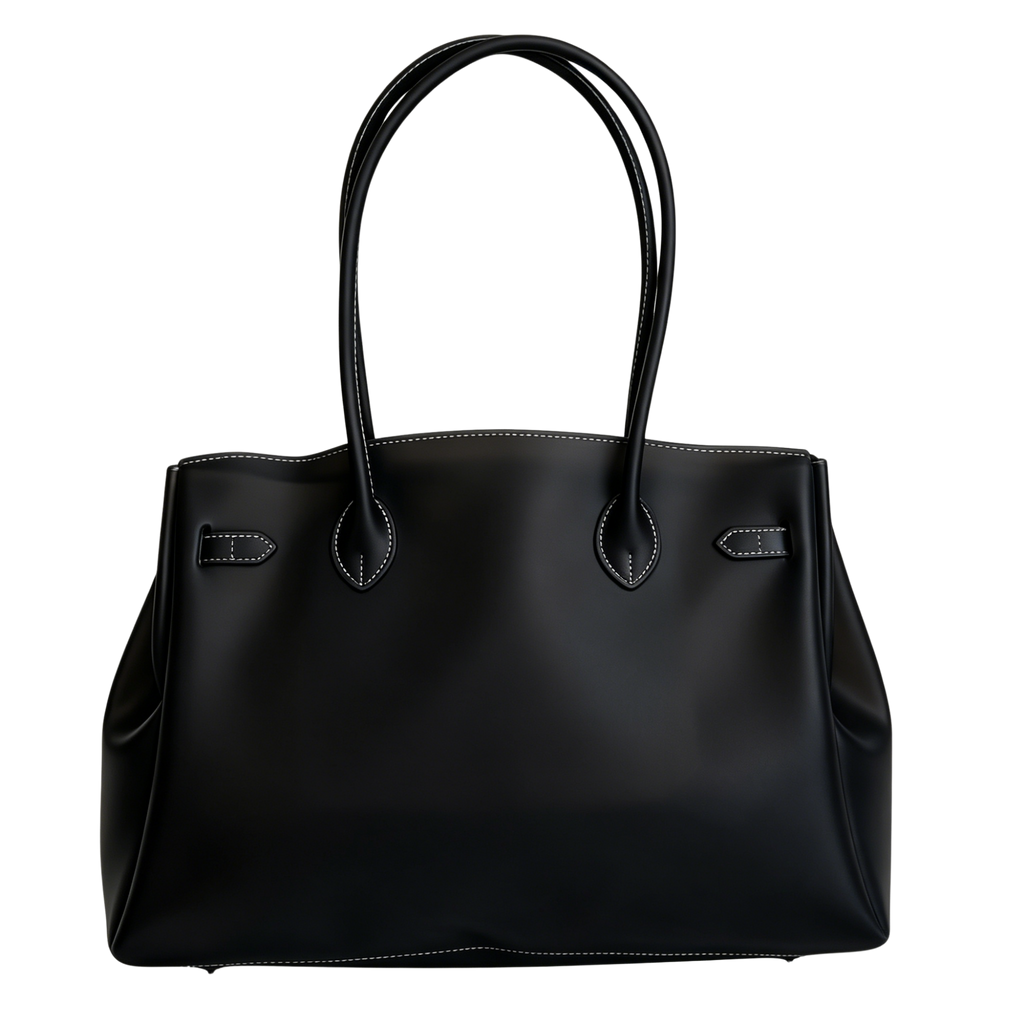 Black handbag with handles on a white background
