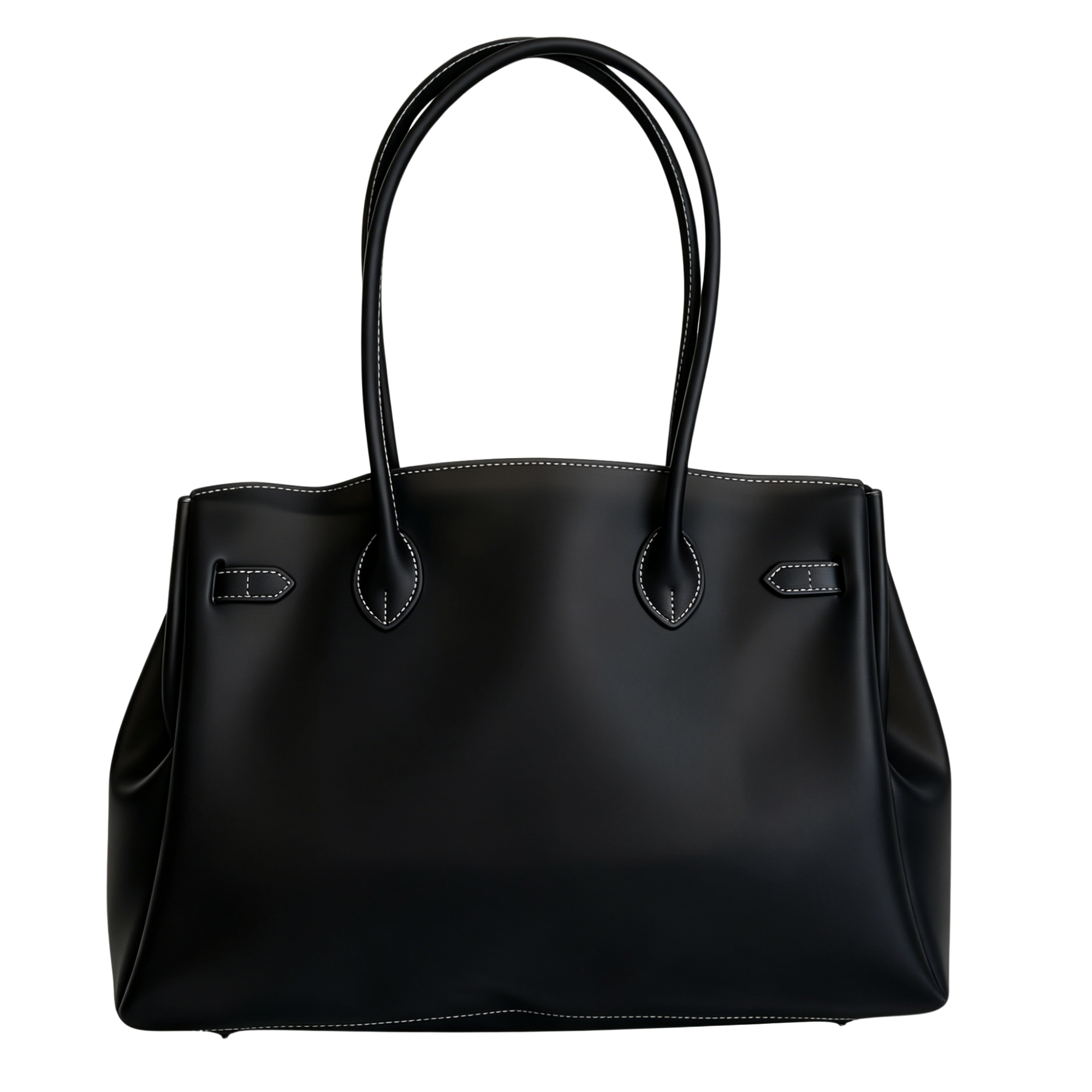 Black handbag with handles on a white background