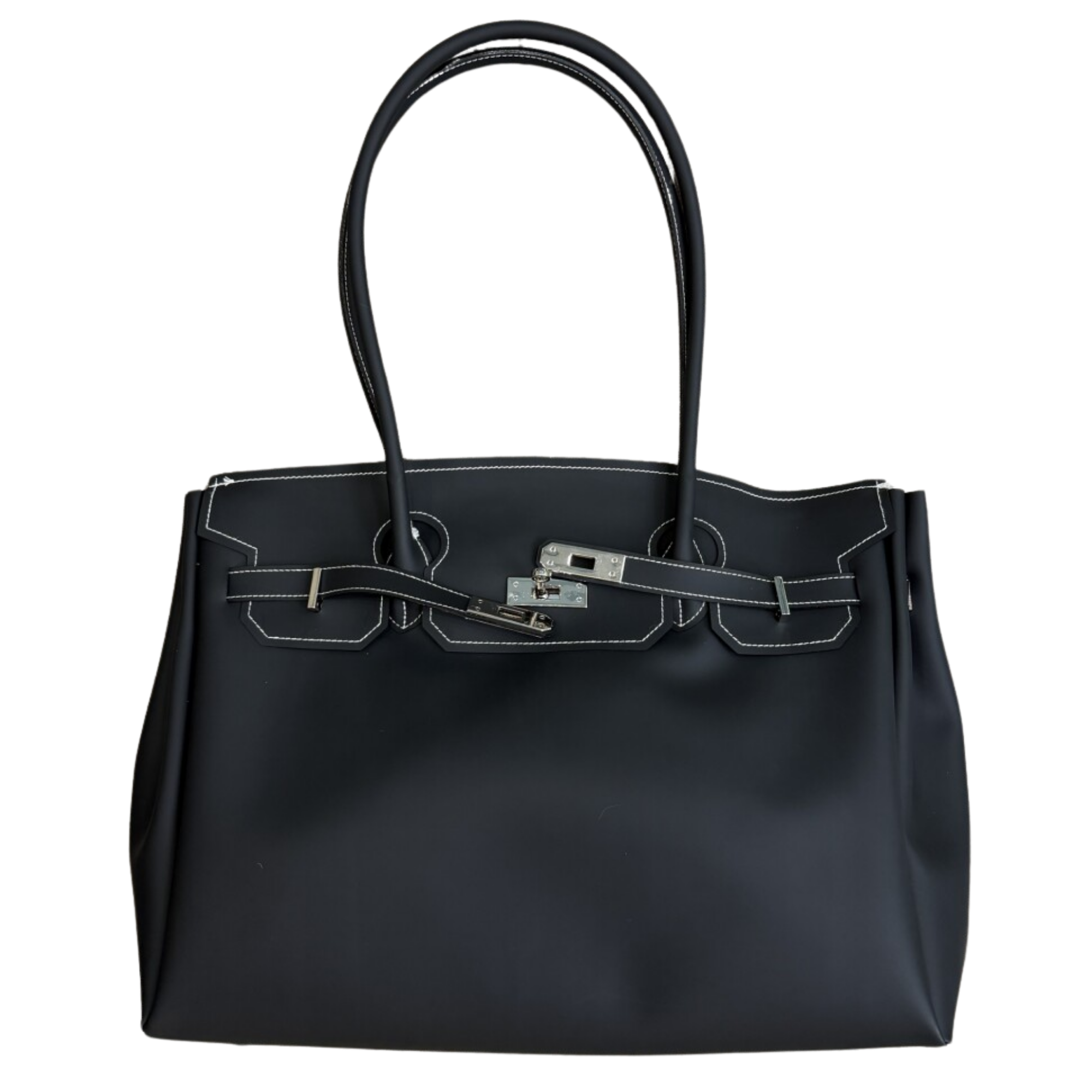 Black handbag with silver clasp on a white background