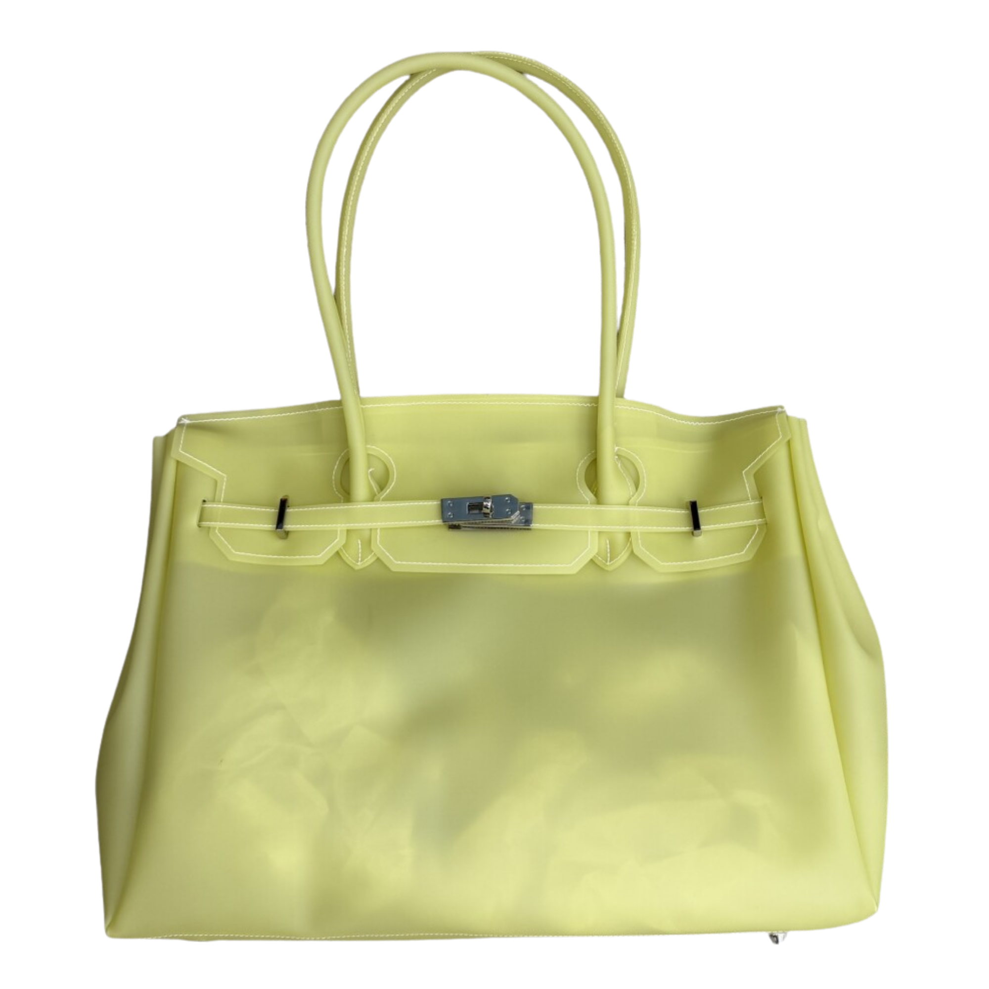 Yellow handbag with a silver clasp on a white background