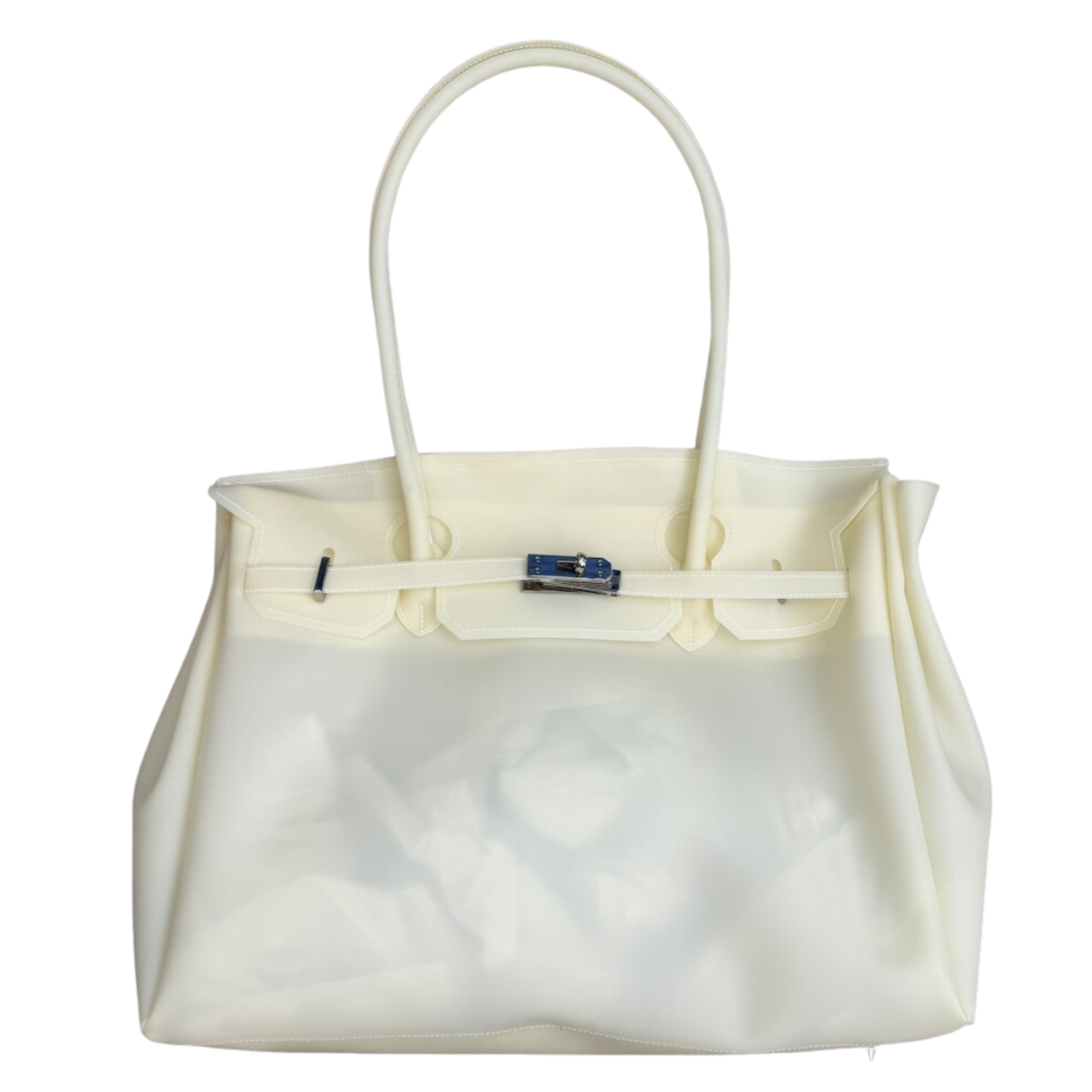 White handbag with a silver clasp on a white background