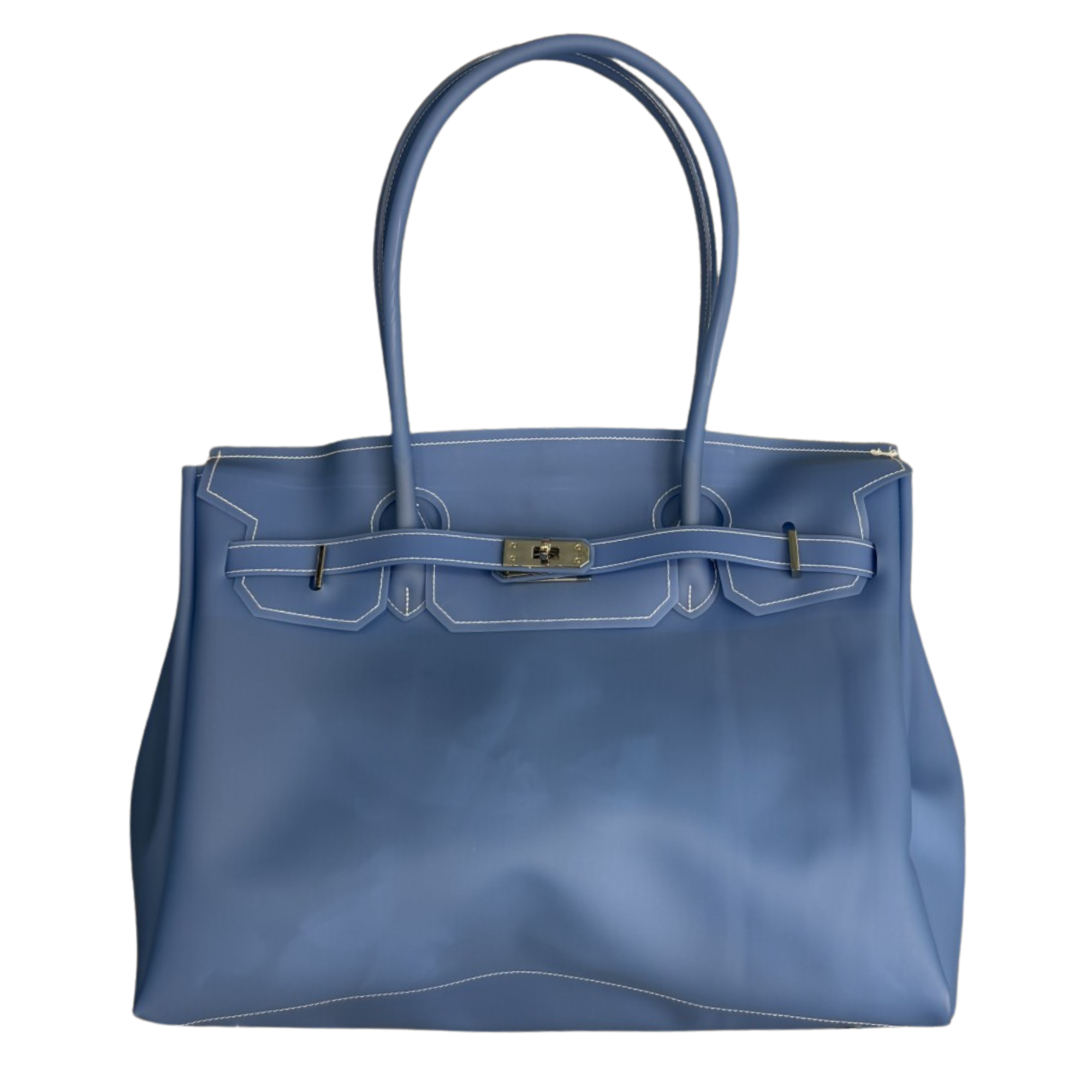 Blue handbag with a silver clasp on a white background